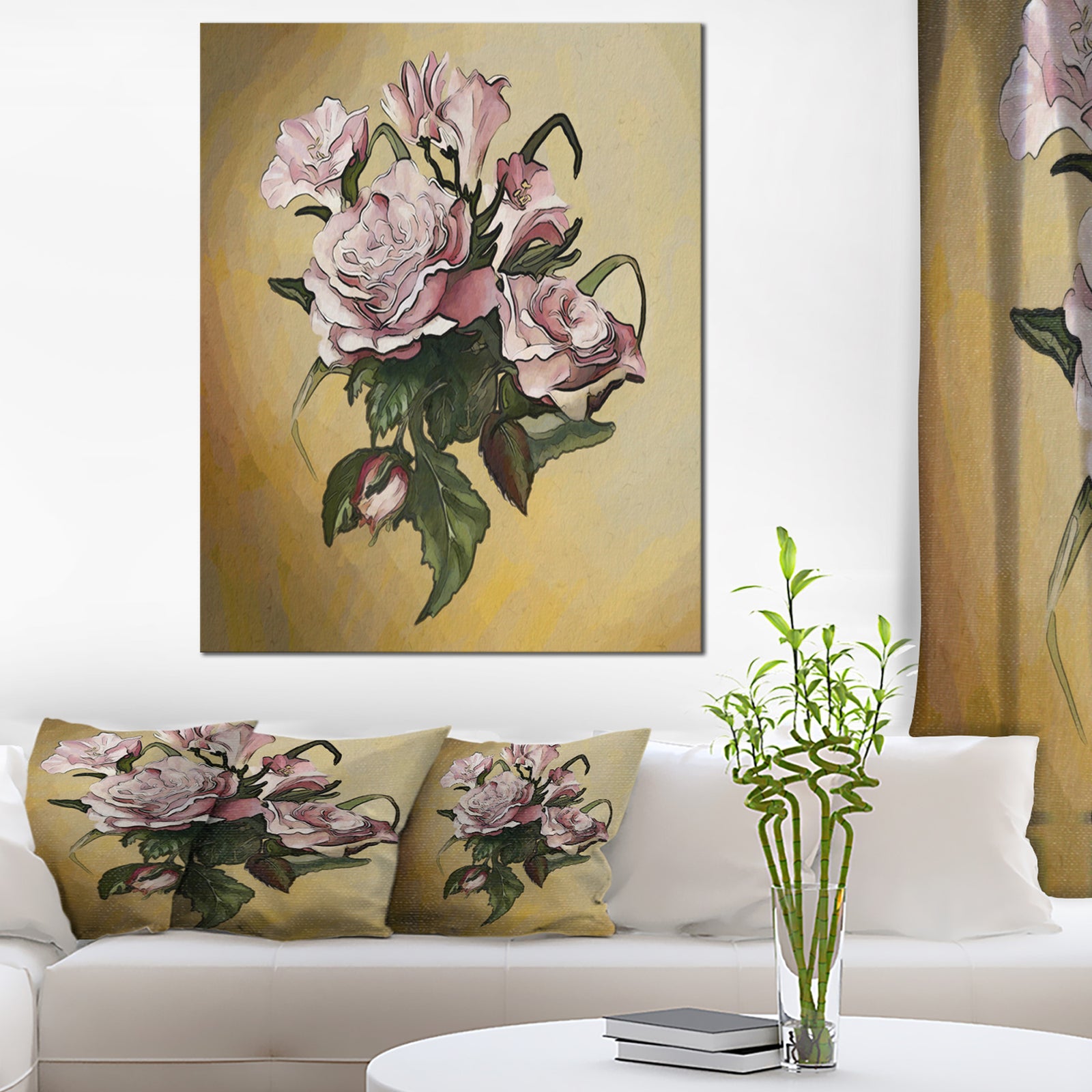 Pink Rose with Leaves Watercolor - Floral Canvas Artwork Print