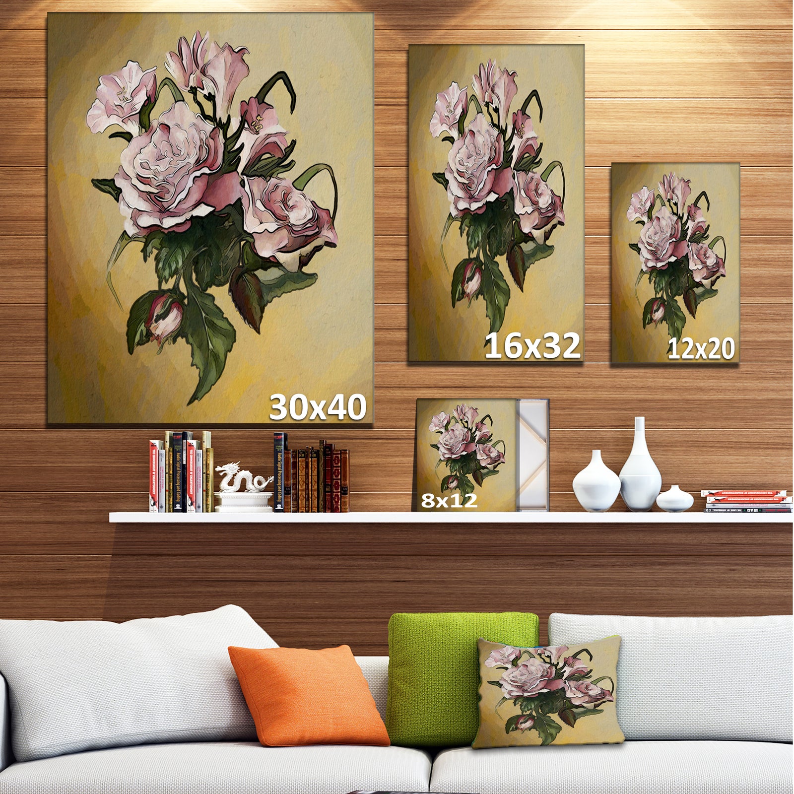 Pink Rose with Leaves Watercolor - Floral Canvas Artwork Print