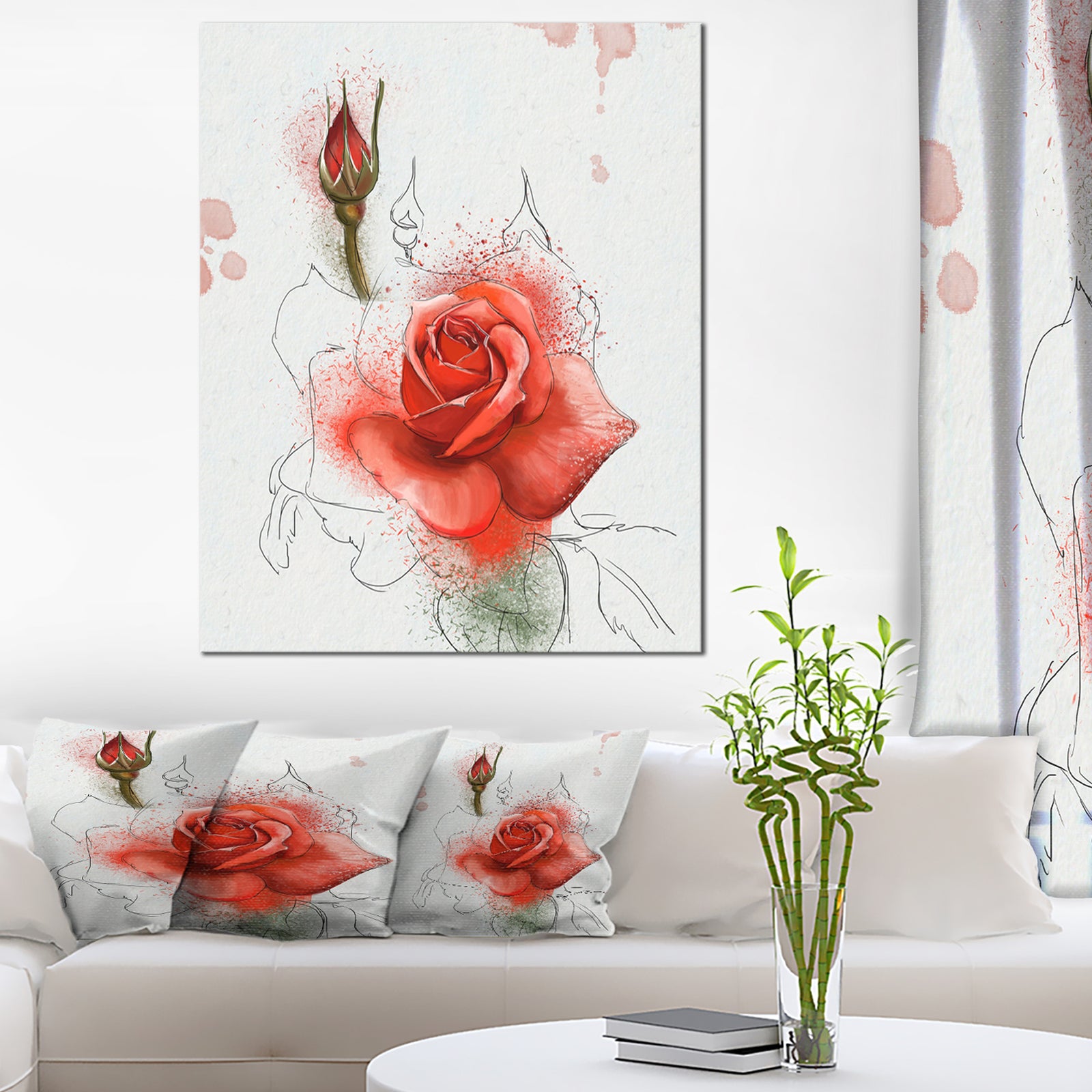 Red Watercolor Rose Sketch - Floral Canvas Artwork Print