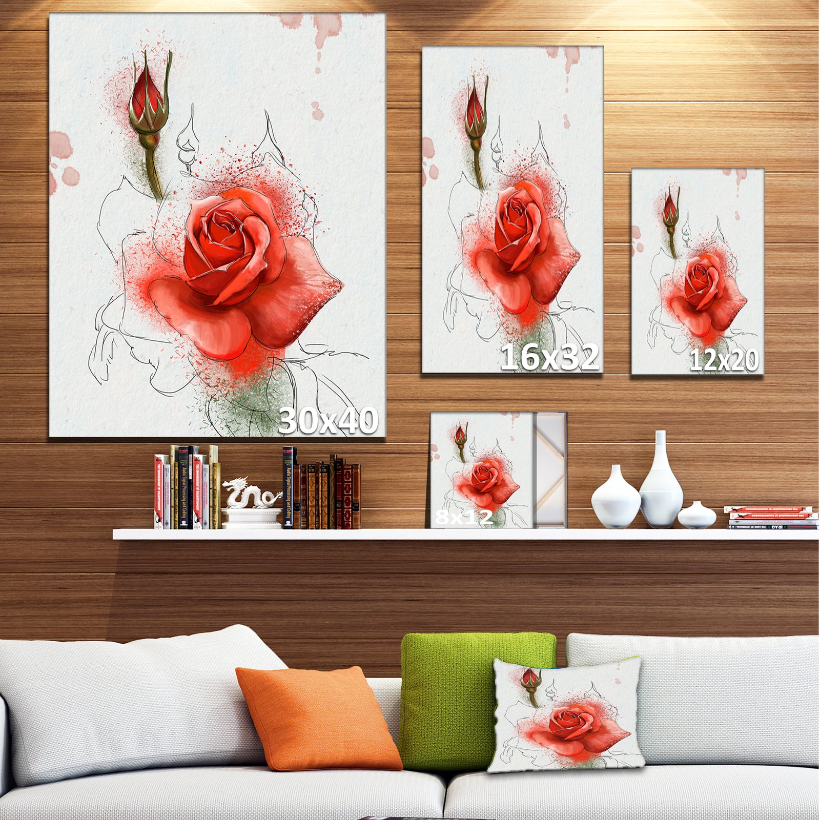 Red Watercolor Rose Sketch - Floral Canvas Artwork Print