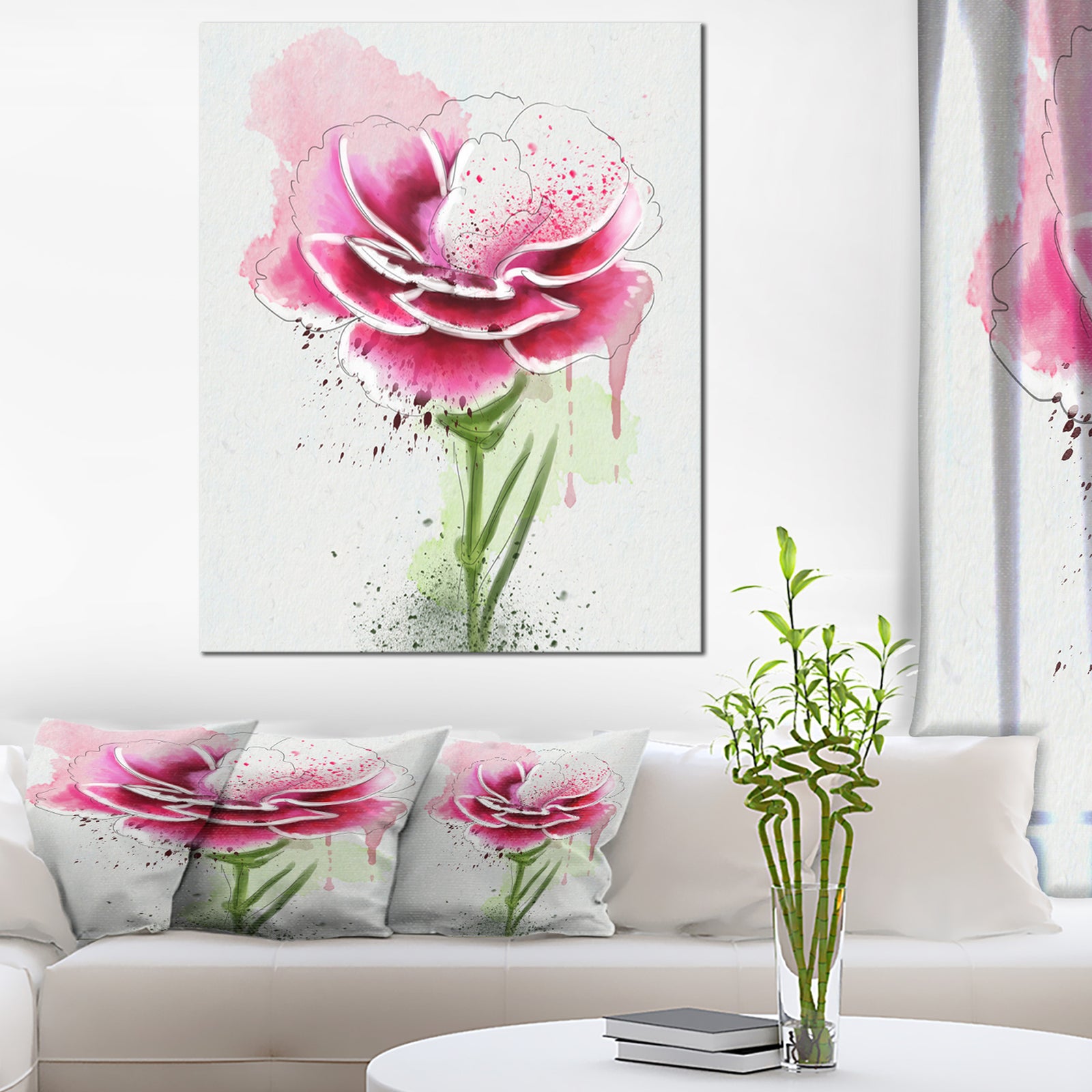 Pink Hand-drawn Watercolor Flower - Floral Canvas Artwork Print
