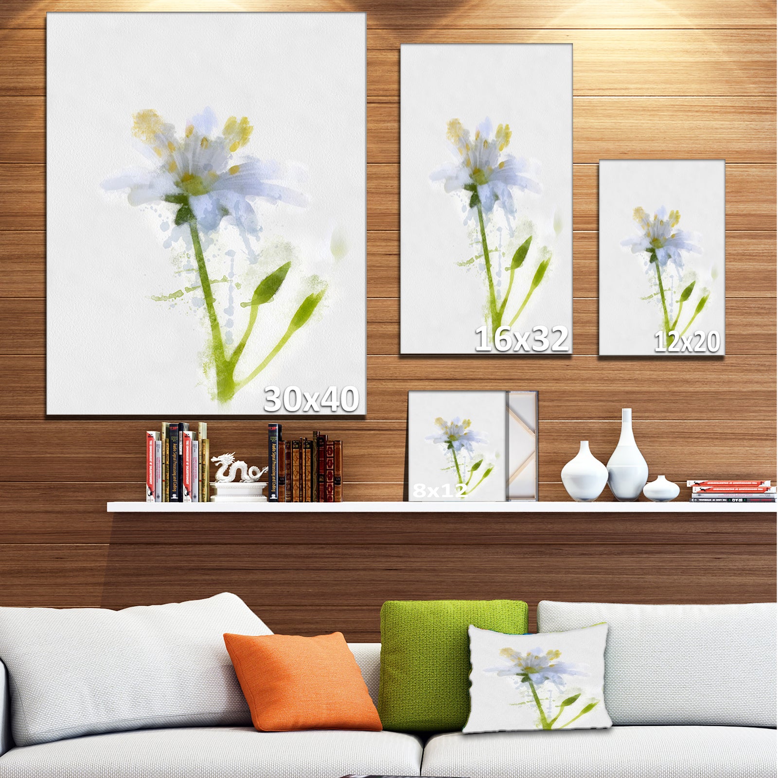 White Green Watercolor Flower Sketch - Floral Canvas Artwork Print
