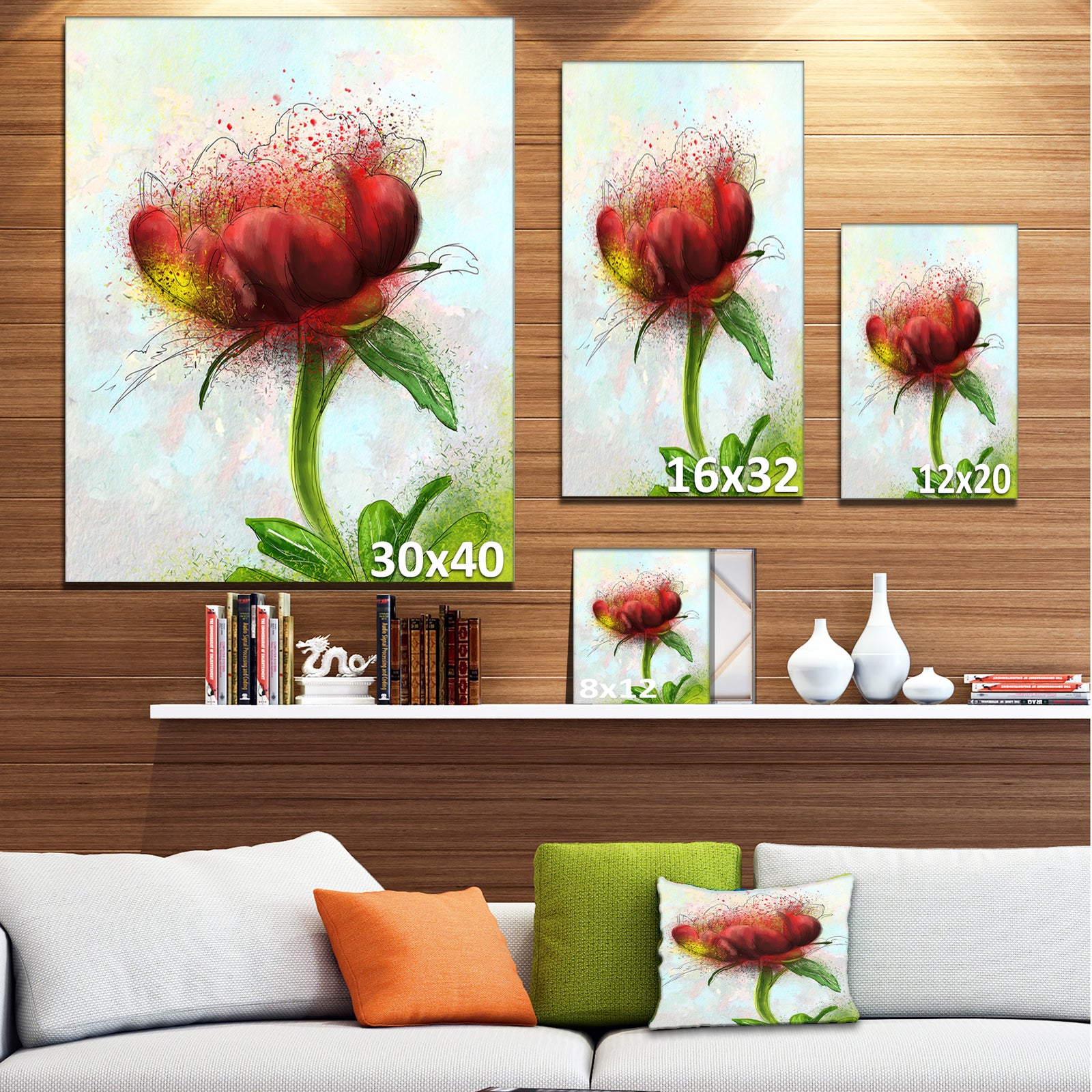 Cute Red Green Watercolor Flower - Floral Canvas Artwork Print