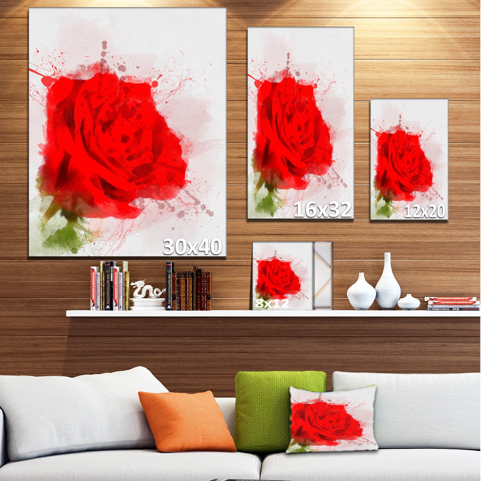 Bright Red Watercolor Rose Sketch - Floral Canvas Artwork Print