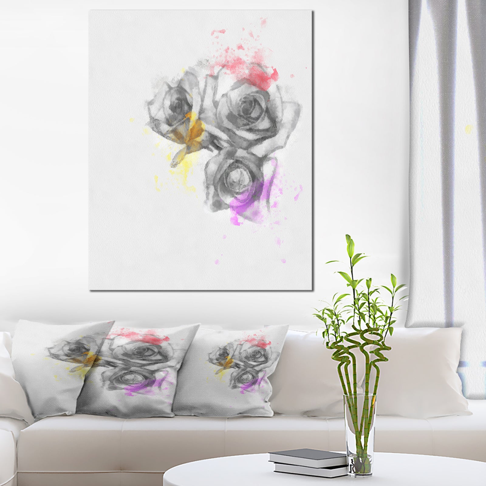 Black White Watercolor Rose Sketch - Floral Canvas Artwork Print