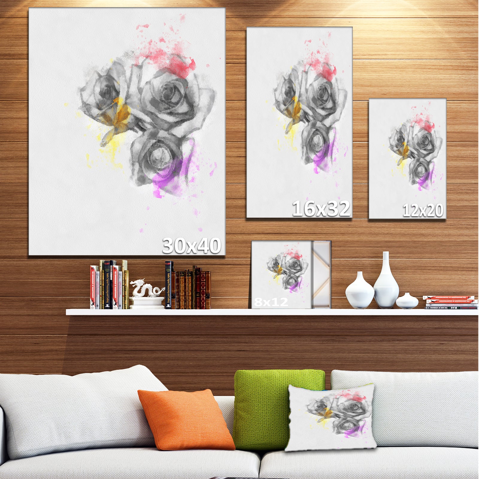 Black White Watercolor Rose Sketch - Floral Canvas Artwork Print