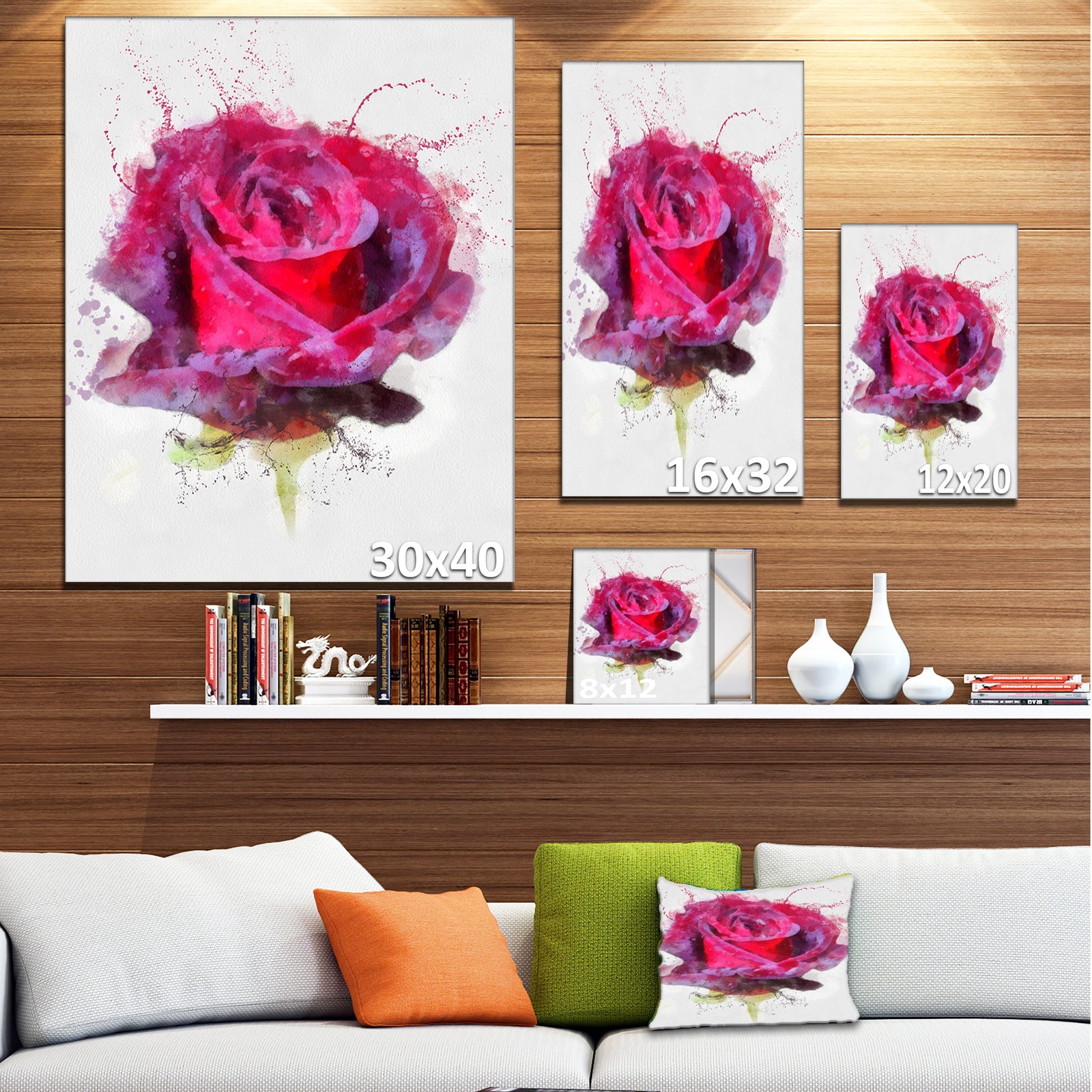 Watercolor Dark Red Rose Sketch - Floral Canvas Artwork Print