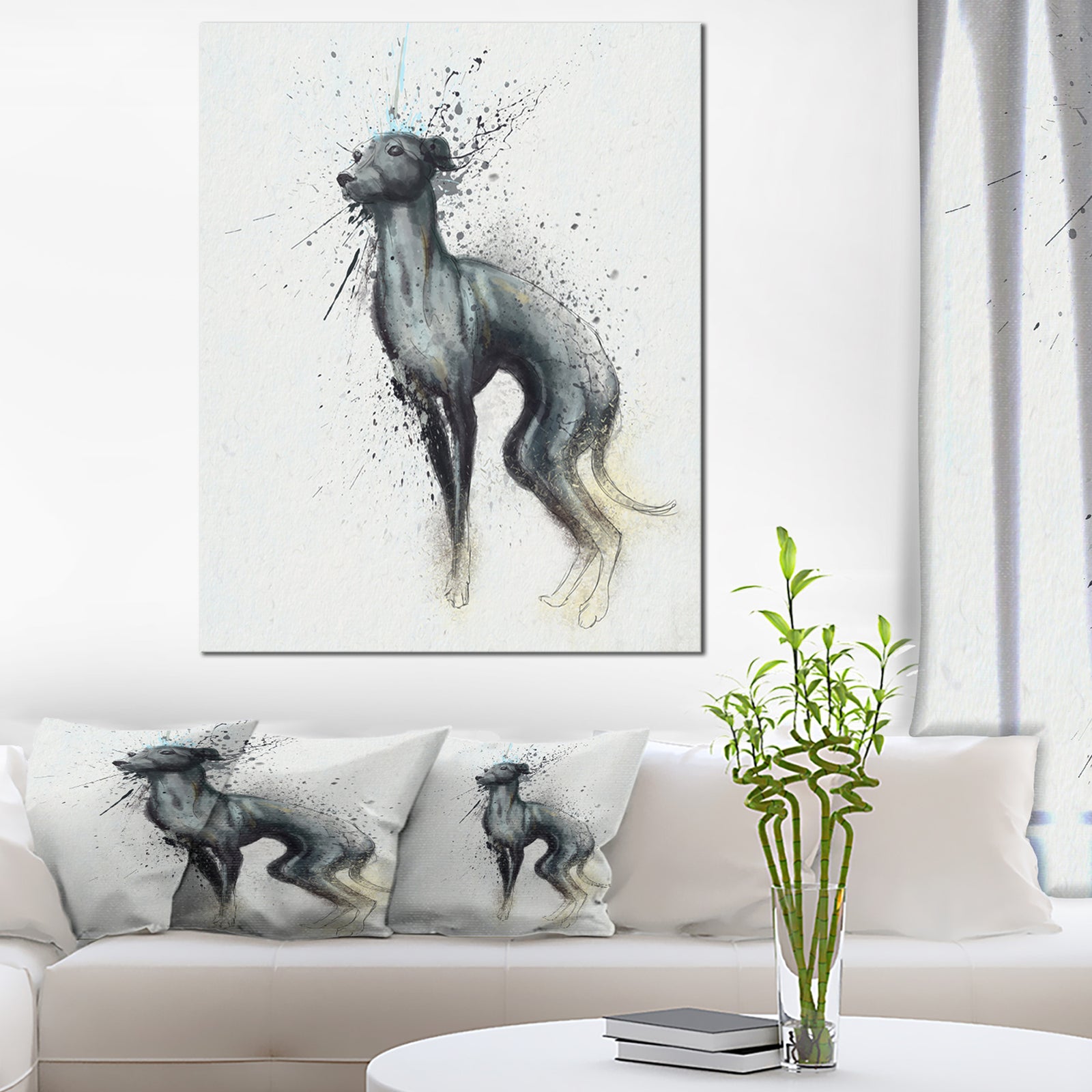 Black Dog Watercolor with Splashes - Large Animal Canvas Artwork