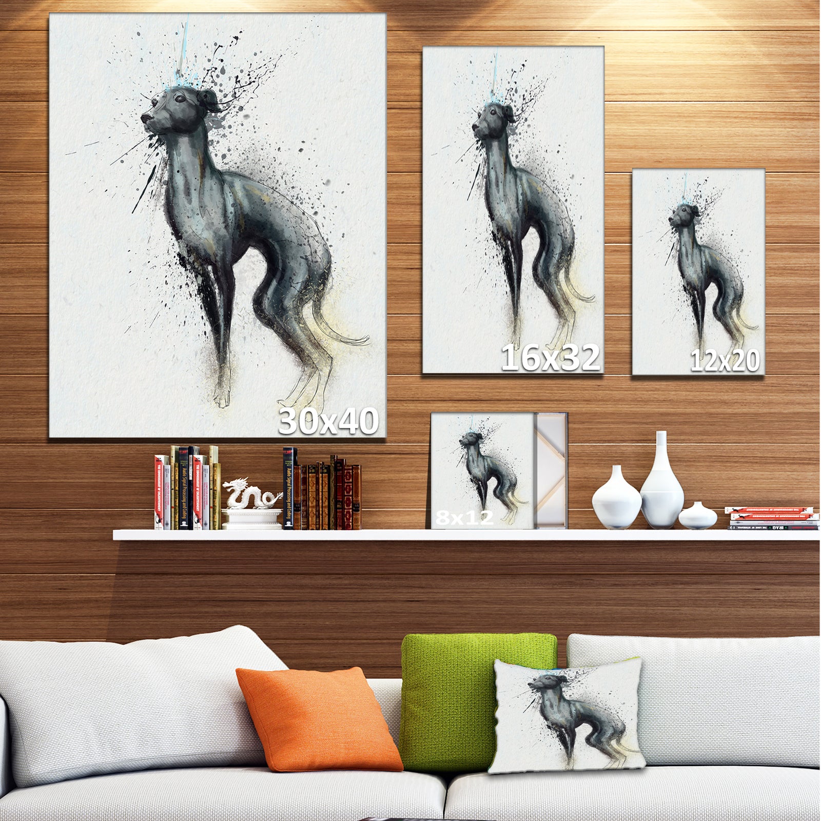 Black Dog Watercolor with Splashes - Large Animal Canvas Artwork