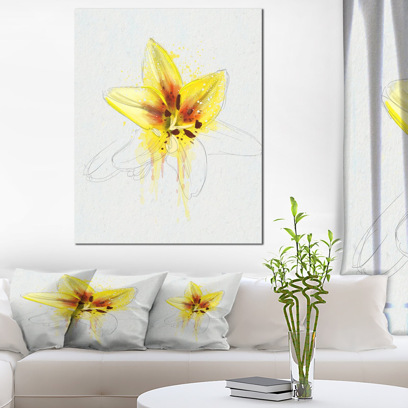 Wonderful Yellow Lily Flower Sketch - Floral Canvas Artwork Print