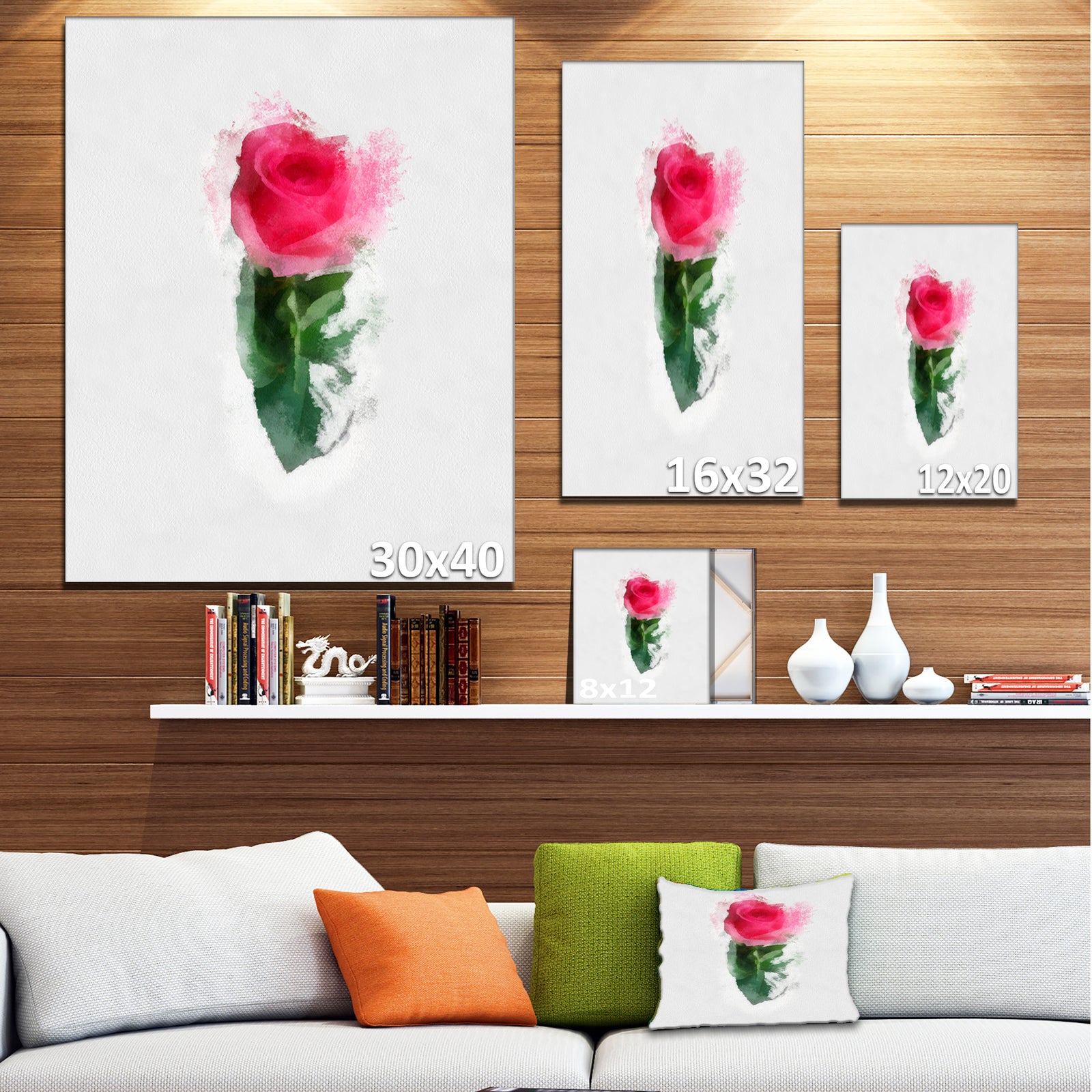 Beautiful Rose with Leaves Drawing - Floral Canvas Artwork Print