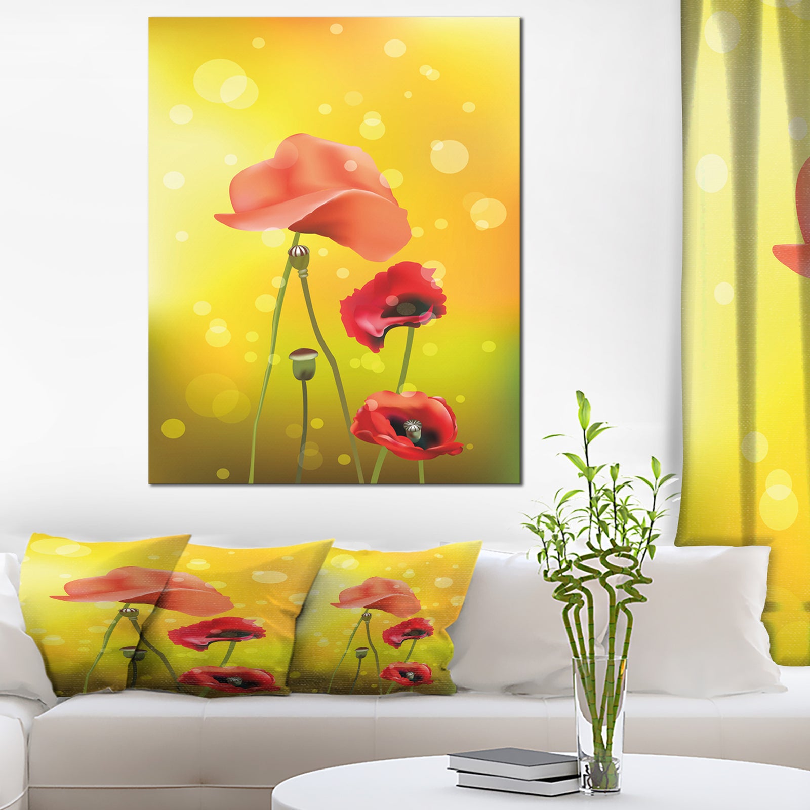 Red Flowers on Yellow Background - Floral Canvas Artwork Print