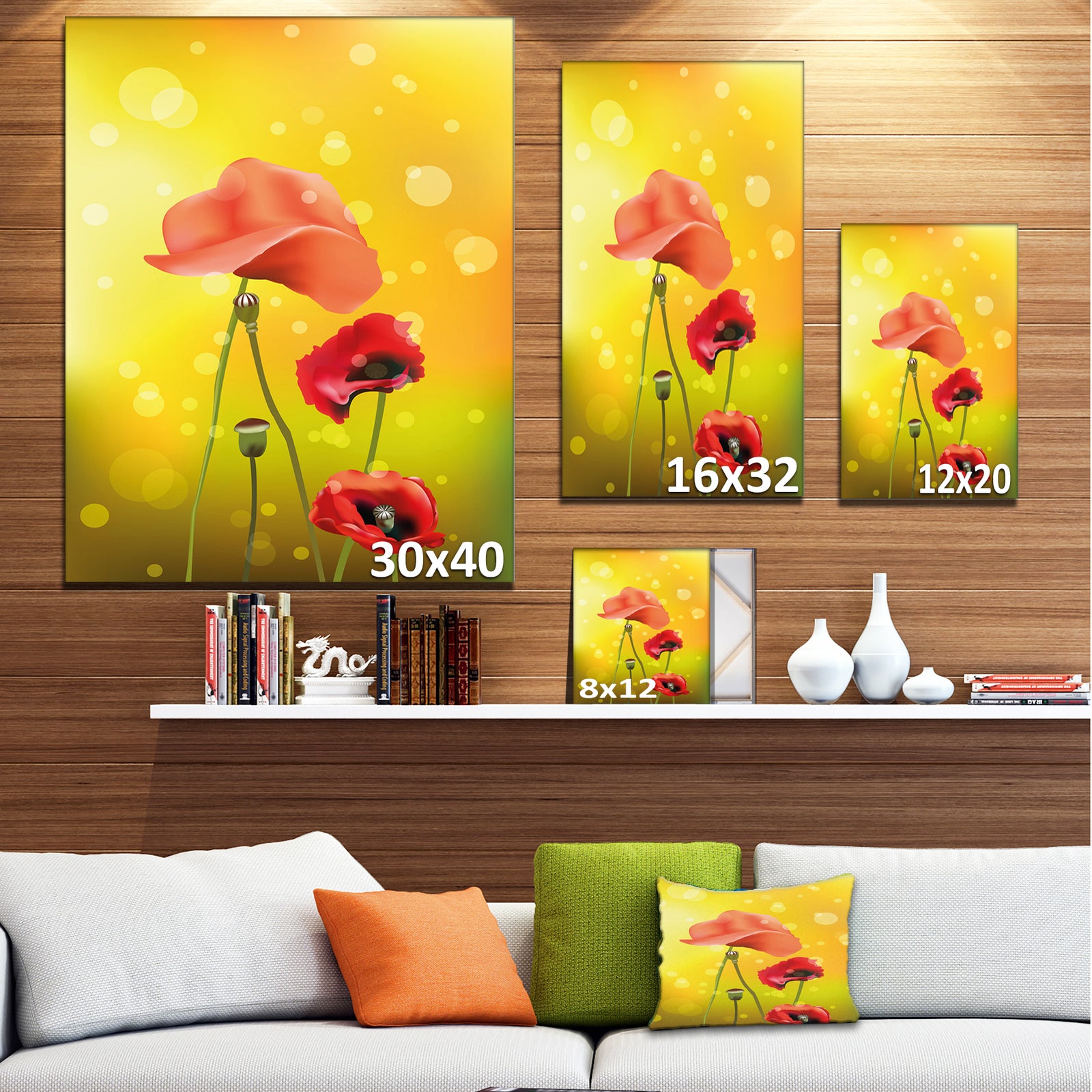 Red Flowers on Yellow Background - Floral Canvas Artwork Print