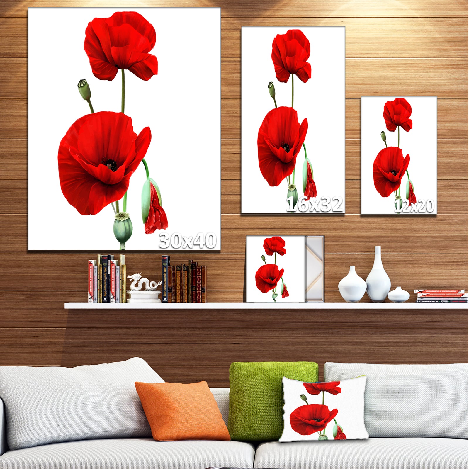 Red Poppies on White Background - Floral Canvas Artwork Print
