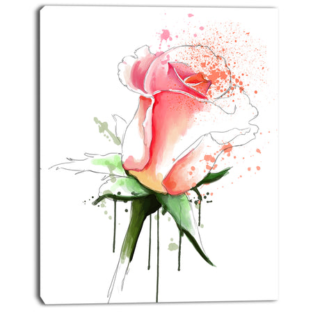 Pink Rose Sketch with Green Calyx - Floral Canvas Artwork Print