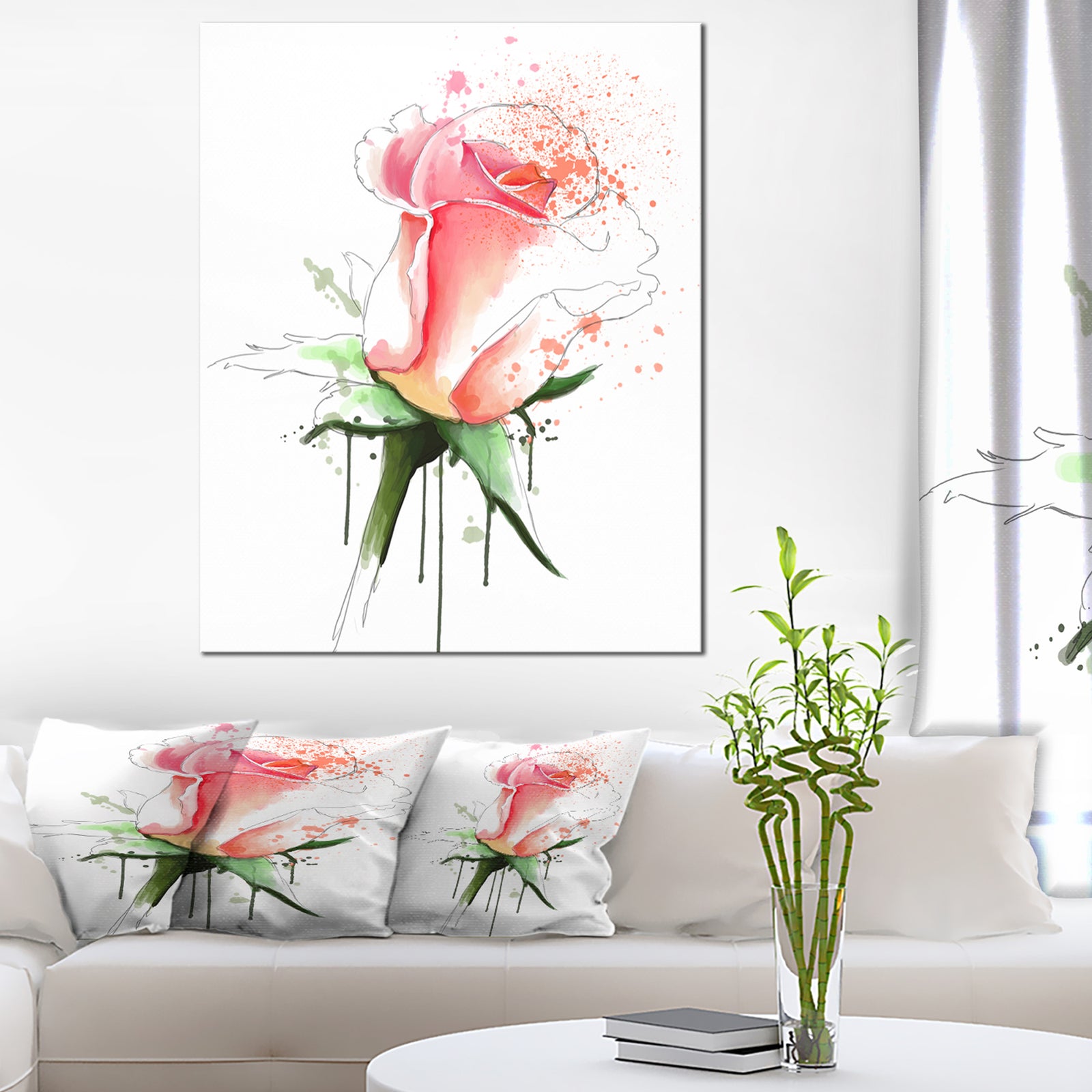 Pink Rose Sketch with Green Calyx - Floral Canvas Artwork Print