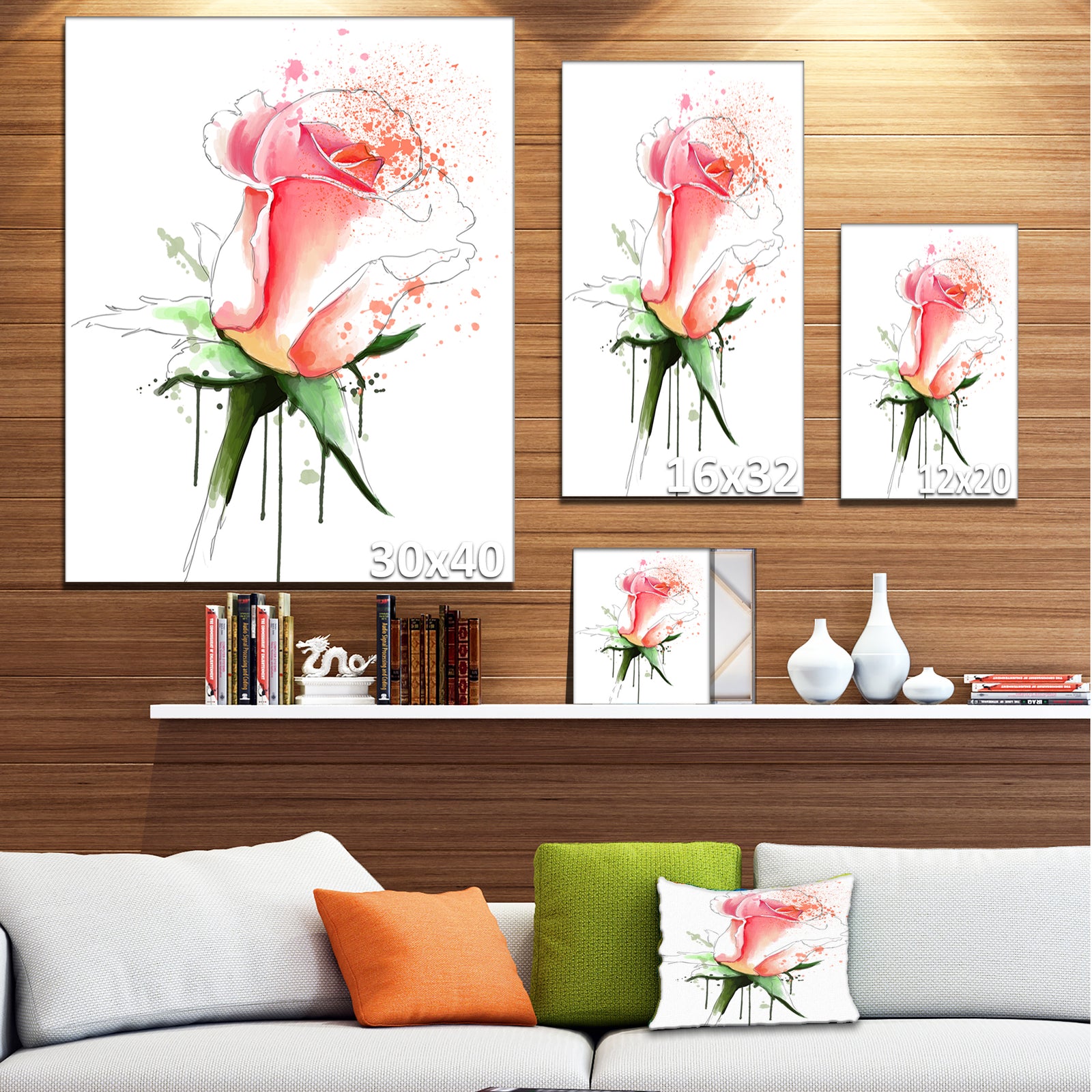 Pink Rose Sketch with Green Calyx - Floral Canvas Artwork Print