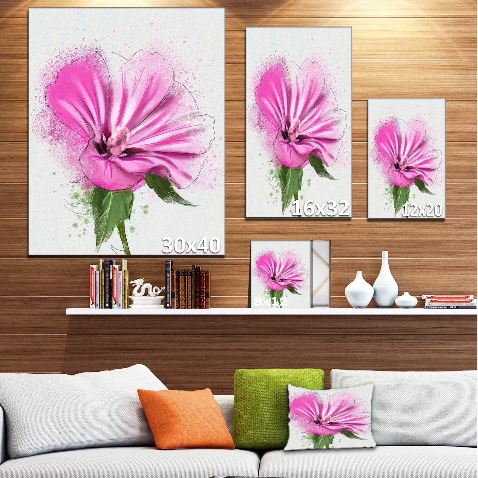 Full Bloom Pink Flower with Leaves - Floral Canvas Artwork Print