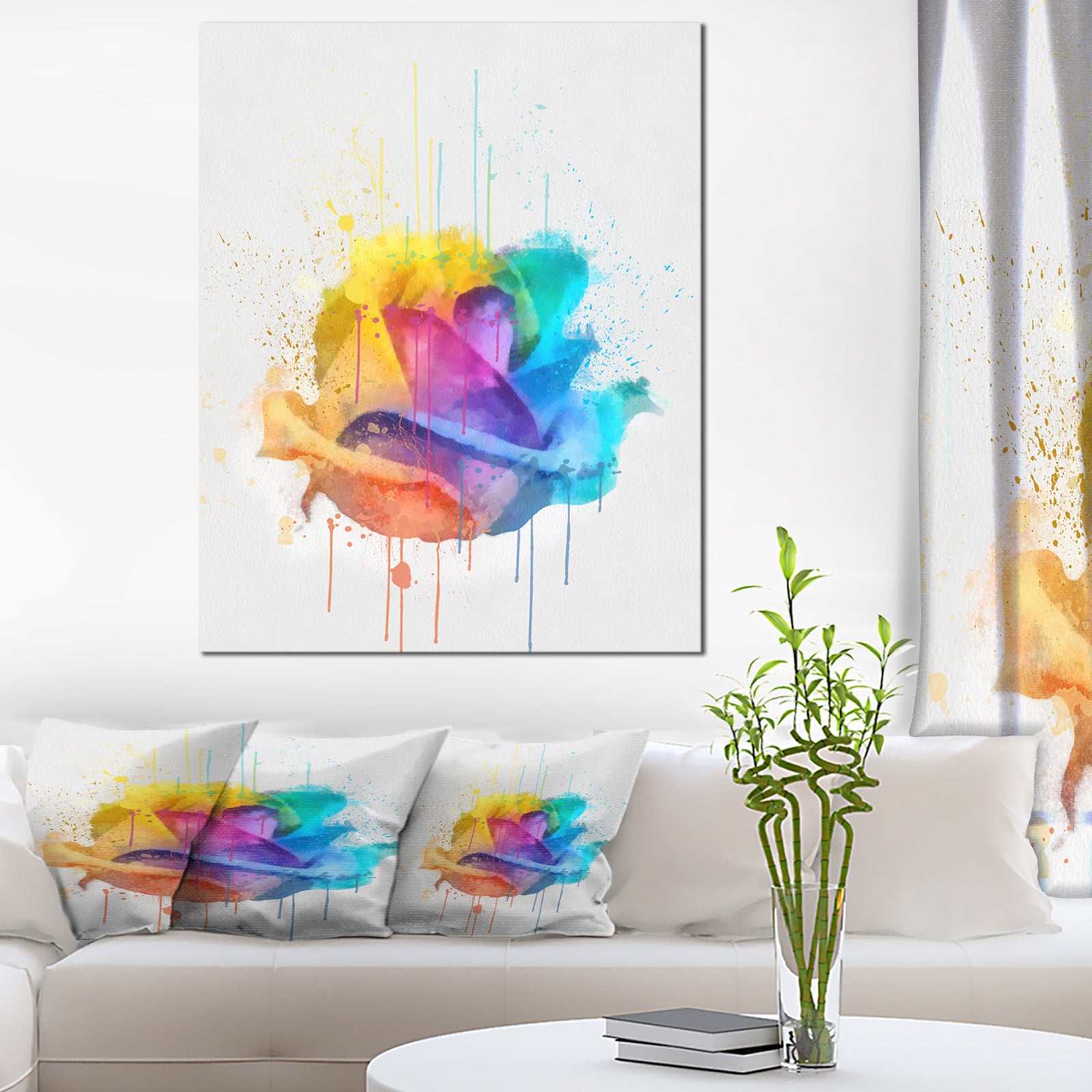 Multicolor Rose with Color Splashes - Floral Canvas Artwork Print