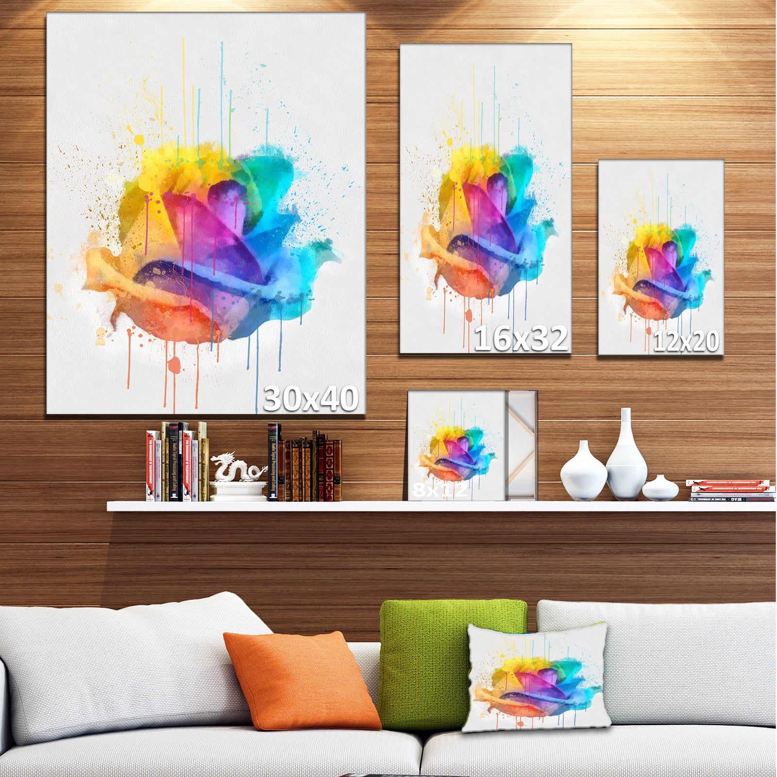 Multicolor Rose with Color Splashes - Floral Canvas Artwork Print