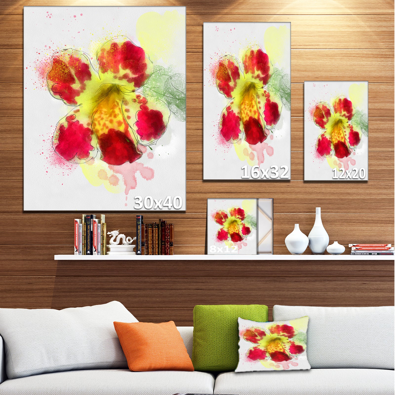 Flower Watercolor with Color Splashes - Floral Canvas Artwork Print