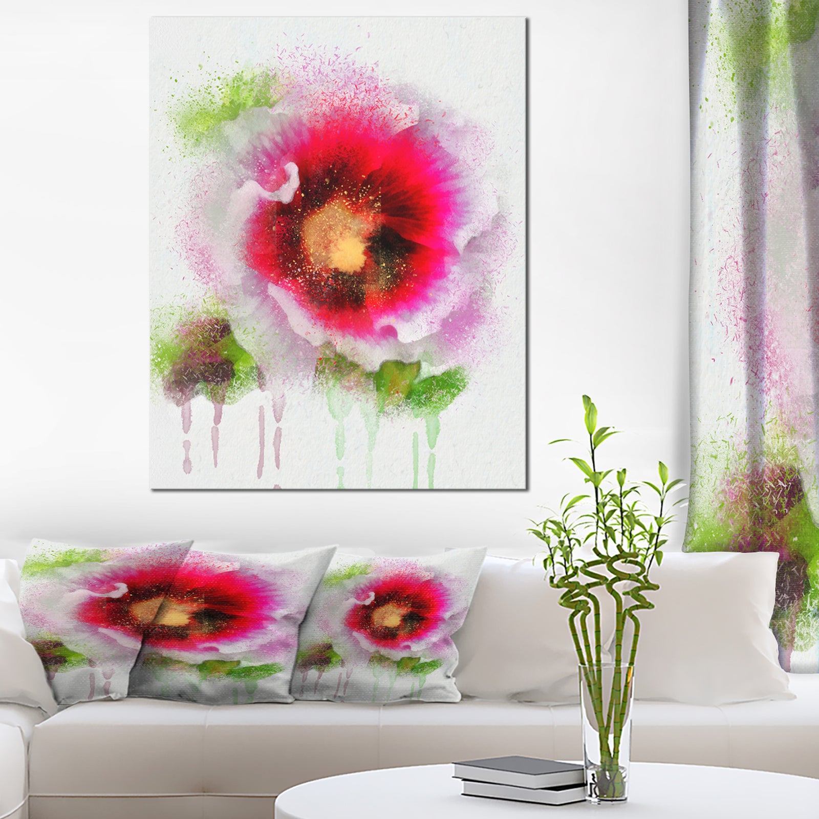 Poppy with Green Watercolor Splashes - Floral Canvas Artwork Print