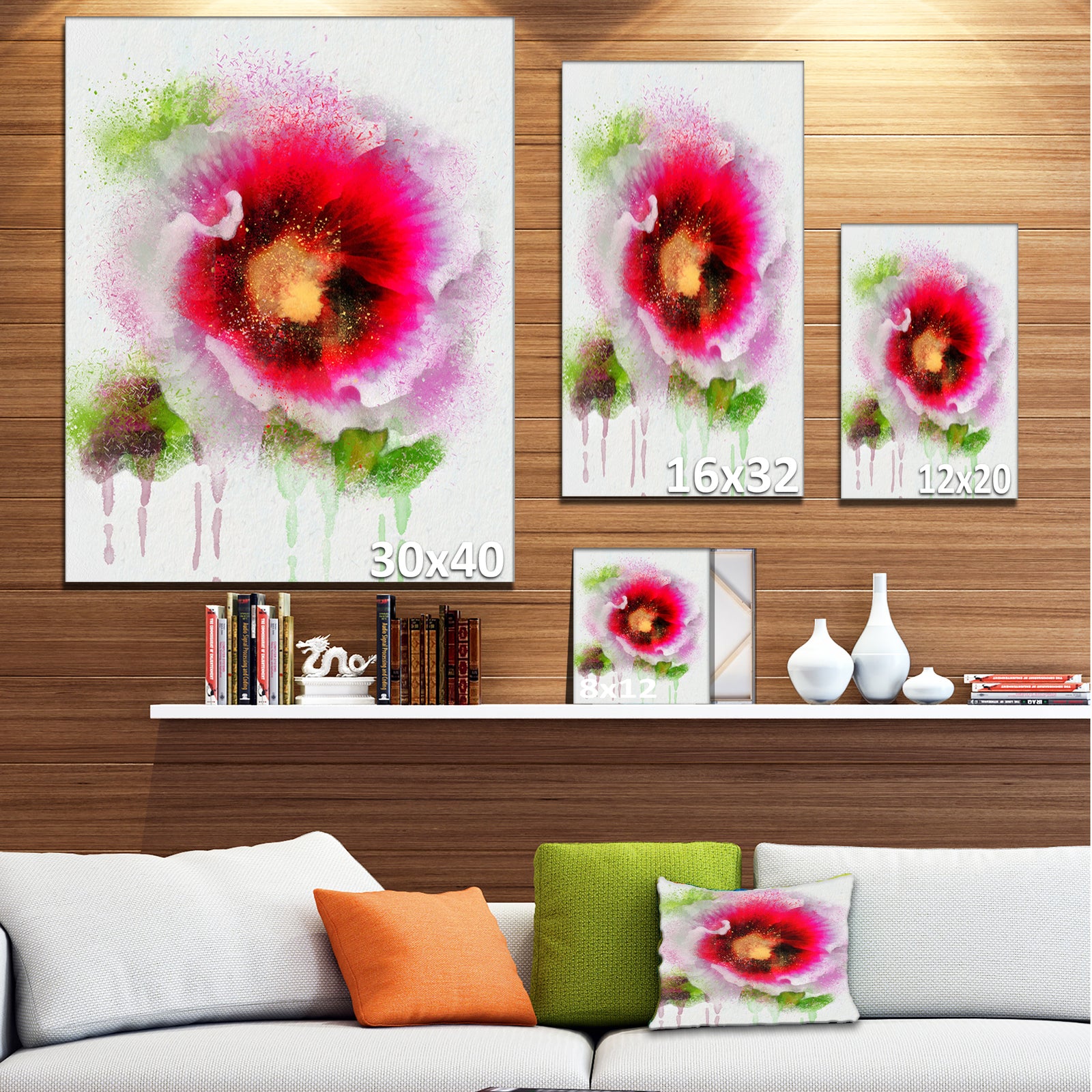 Poppy with Green Watercolor Splashes - Floral Canvas Artwork Print