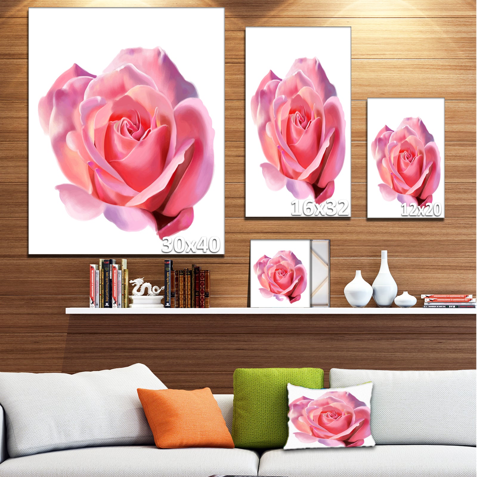 Pink Rose Sketch on White Background - Flowers Canvas Wall Artwork