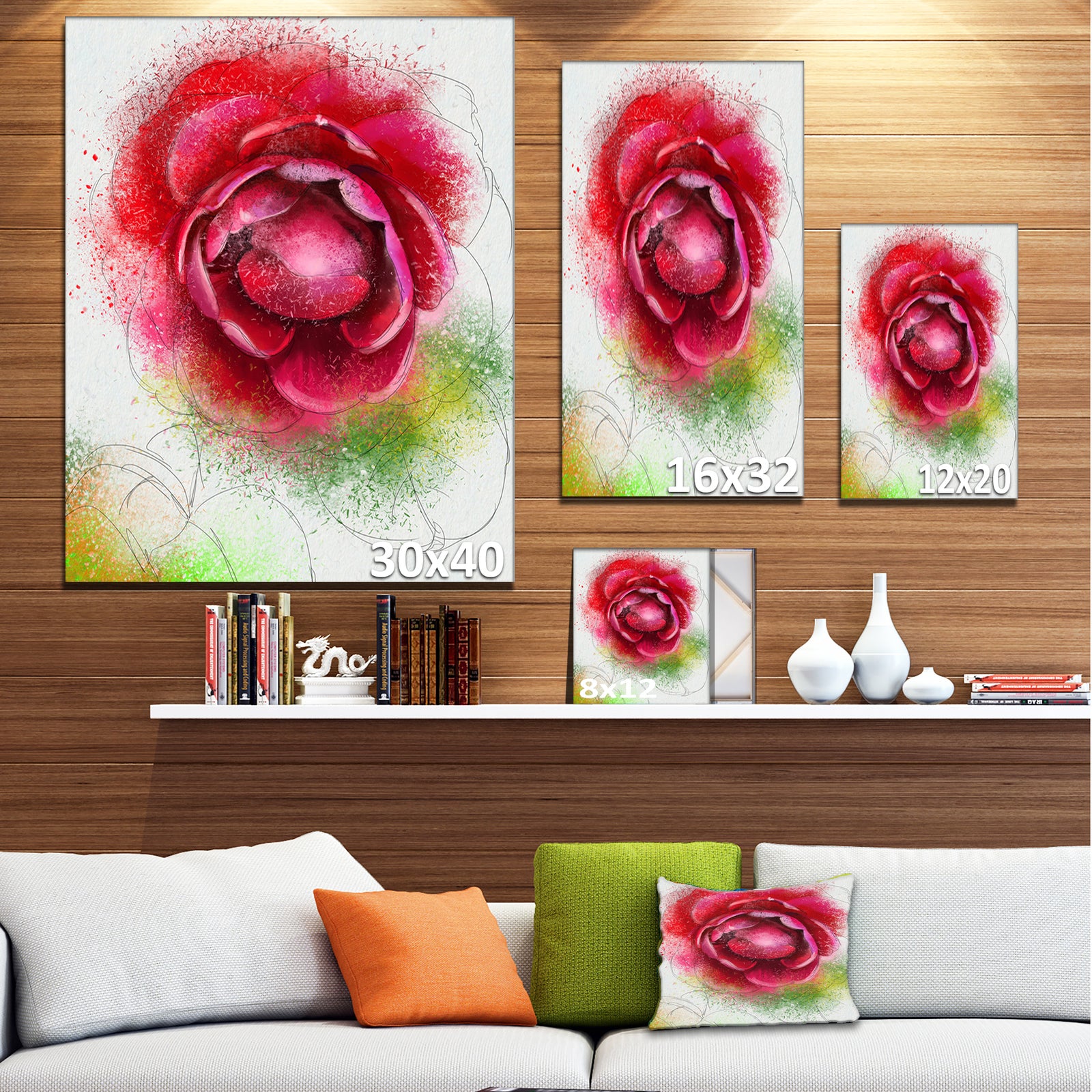 Large Blooming Red Rose on White - Flowers Canvas Wall Artwork