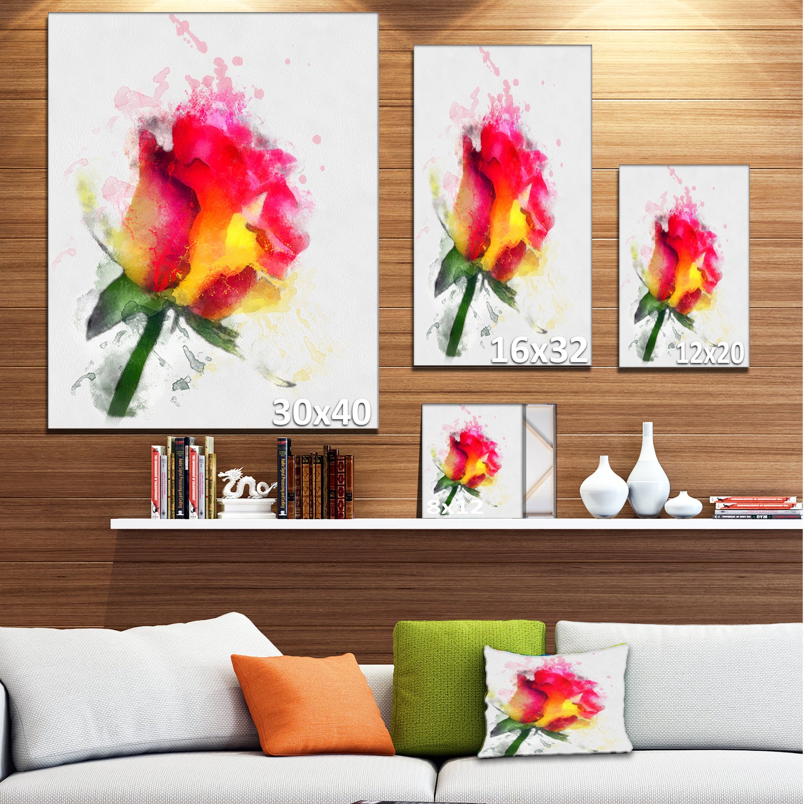 Red Hand-drawn Rose Watercolor - Flowers Canvas Wall Artwork