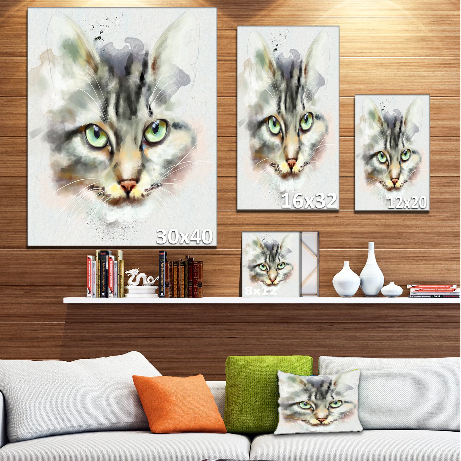 Cute Kitten Watercolor Hand-drawn - Large Animal Canvas Artwork
