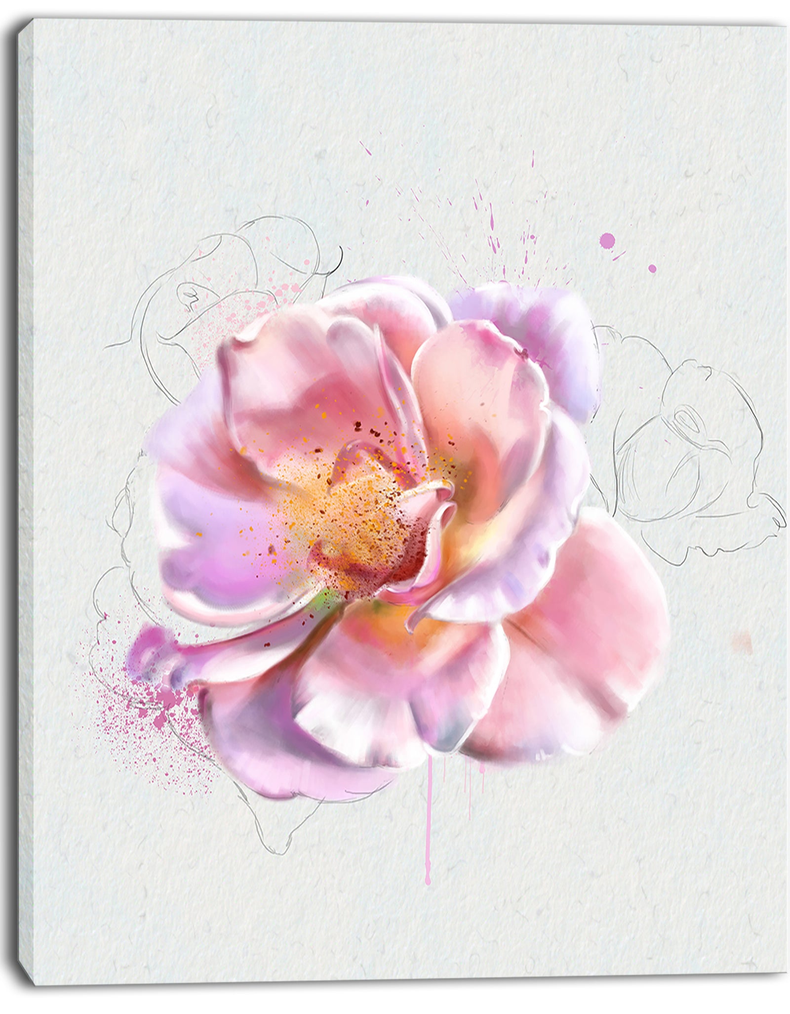 Cute Watercolor Pink Rose Sketch - Flowers Canvas Wall Artwork