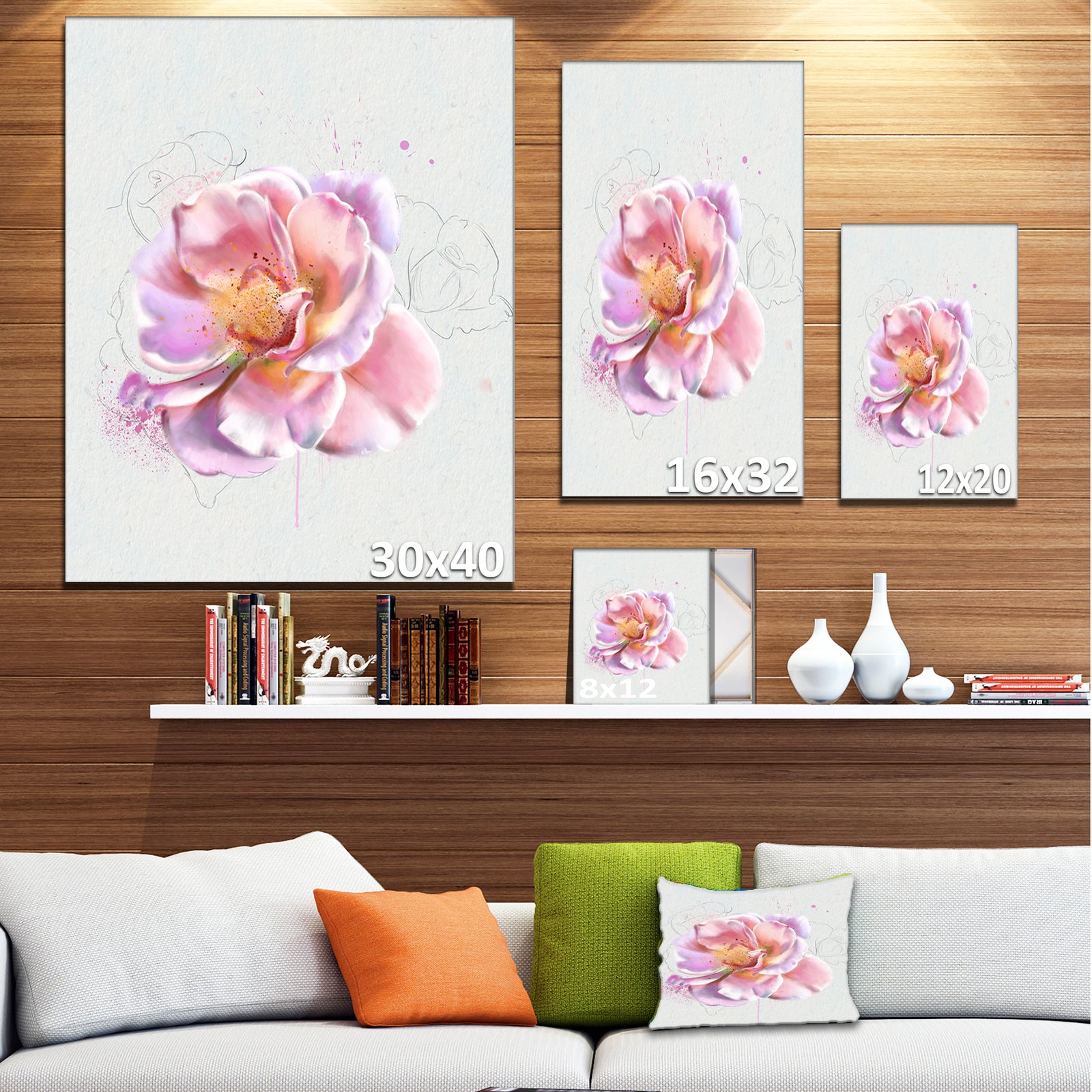 Cute Watercolor Pink Rose Sketch - Flowers Canvas Wall Artwork