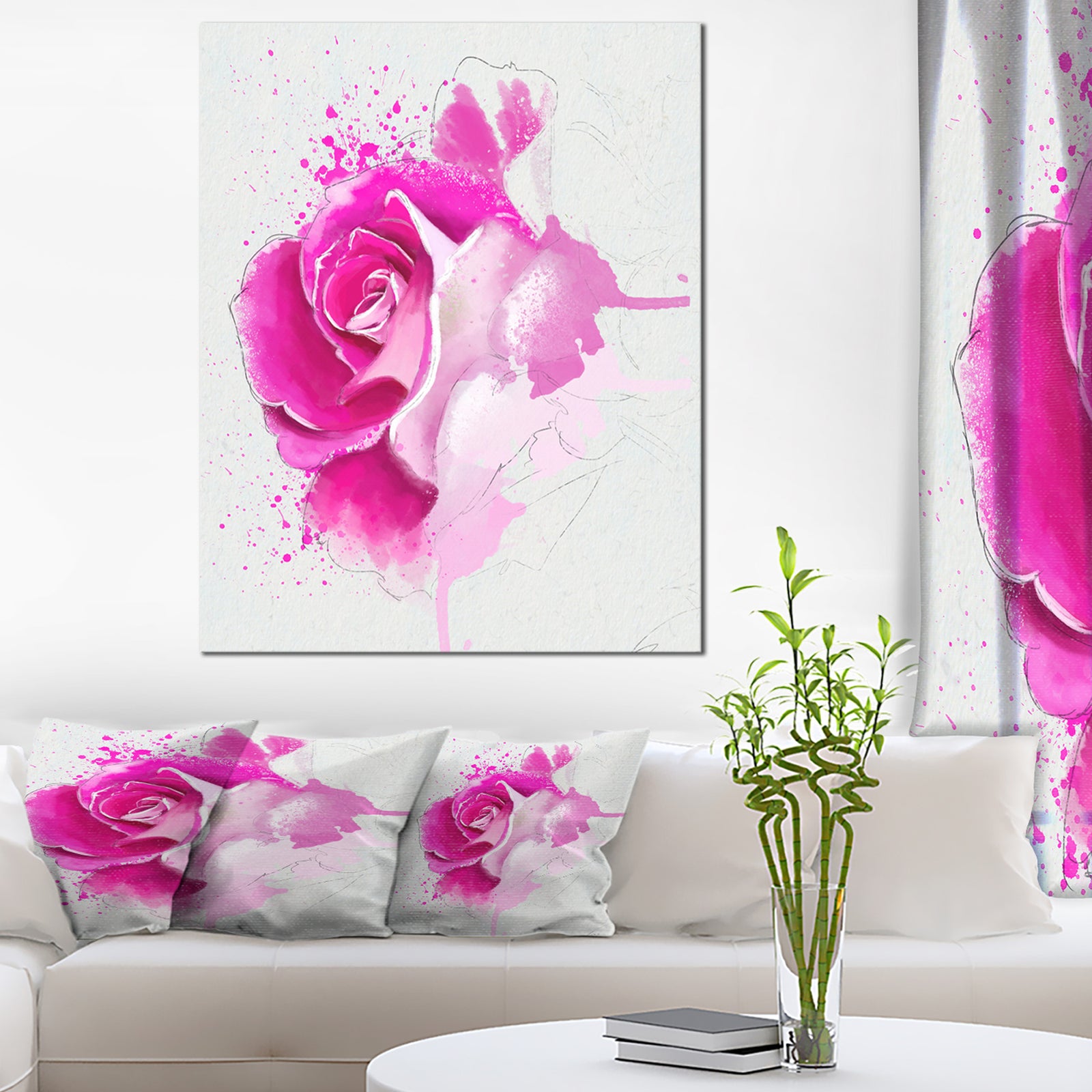 Bright Pink Rose Flower Watercolor - Flowers Canvas Wall Artwork