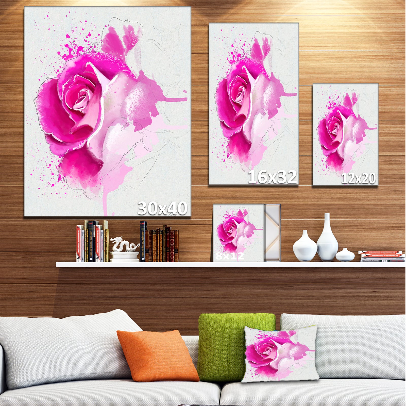 Bright Pink Rose Flower Watercolor - Flowers Canvas Wall Artwork