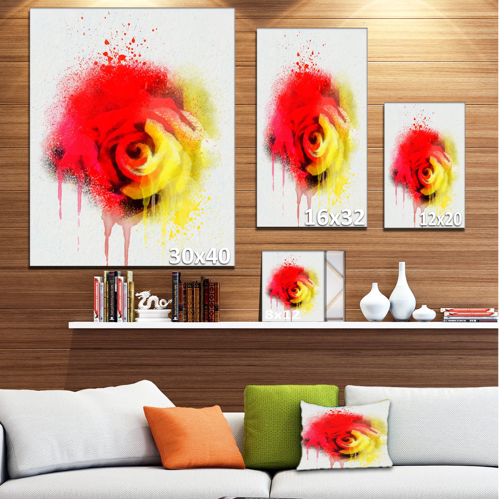 Beautiful Red Yellow Rose Watercolor - Flowers Canvas Wall Artwork