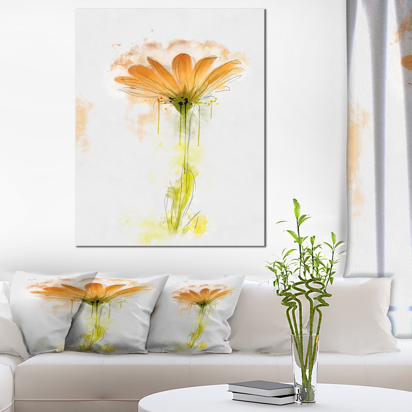 Orange Gerbera Sketch Watercolor - Flowers Canvas Wall Artwork