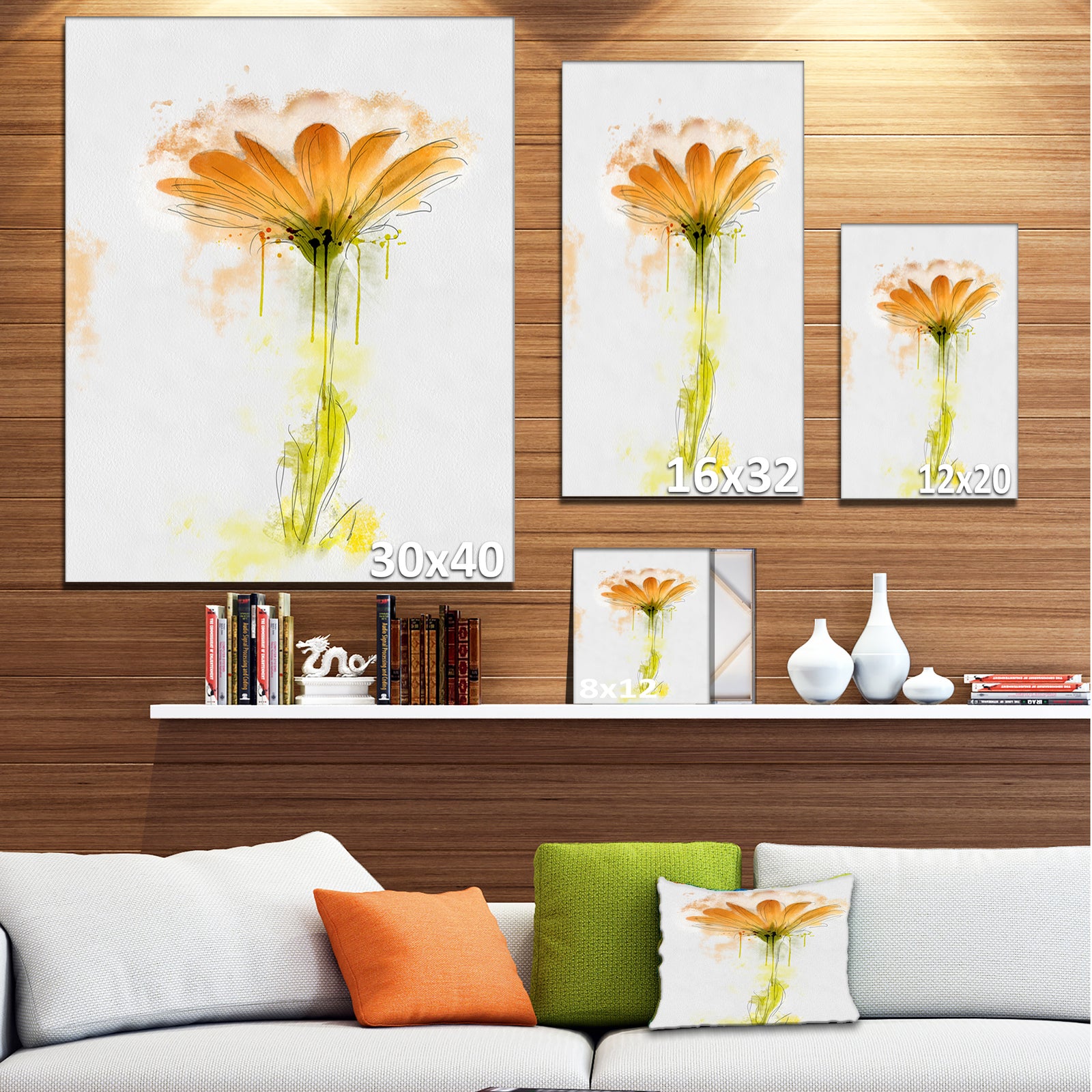 Orange Gerbera Sketch Watercolor - Flowers Canvas Wall Artwork