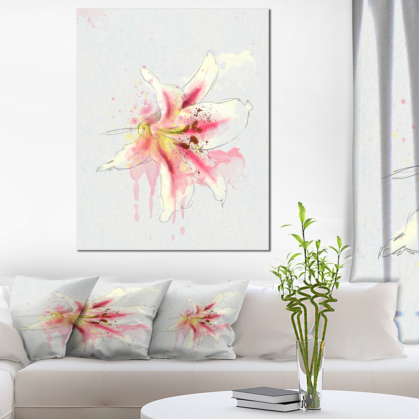 Pink Yellow Lily Watercolor Sketch - Flowers Canvas Wall Artwork