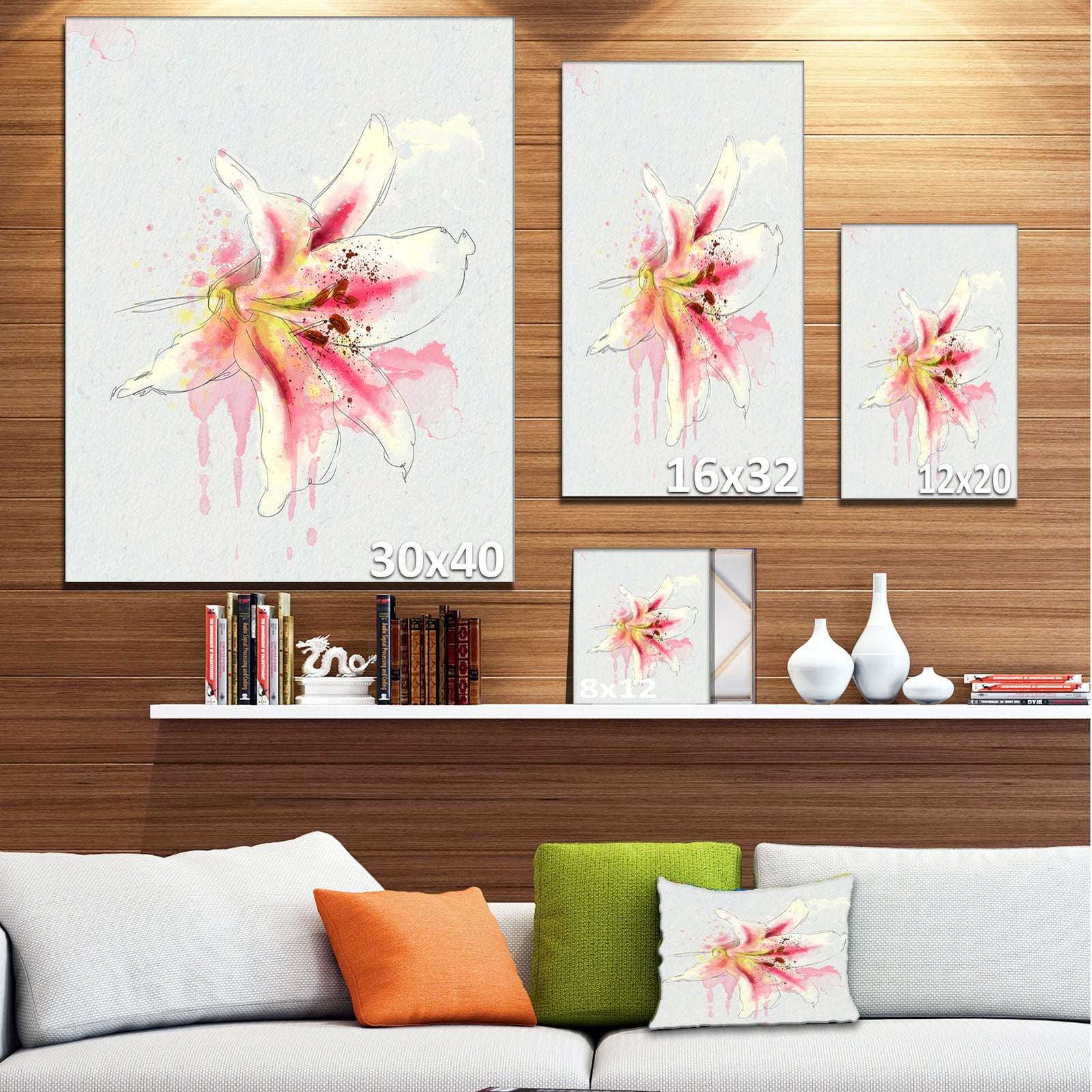 Pink Yellow Lily Watercolor Sketch - Flowers Canvas Wall Artwork