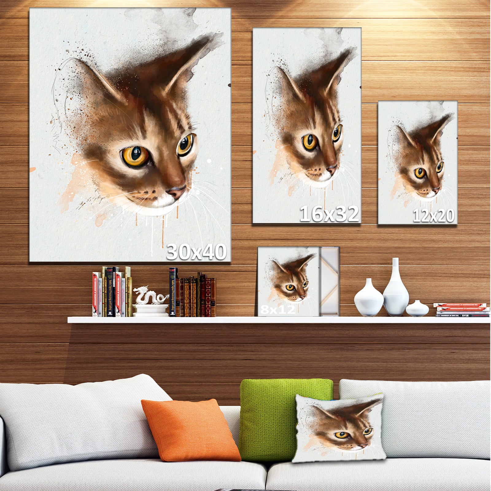 Anxious Brown Cat Watercolor Sketch - Large Animal Canvas Artwork