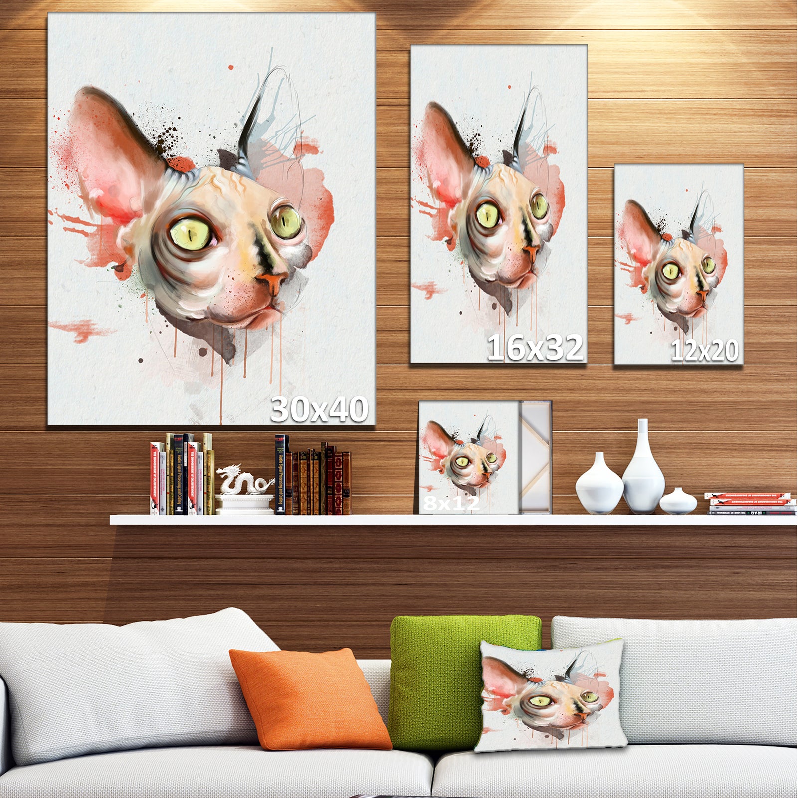 Red Faced Cat Watercolor Sketch - Large Animal Canvas Artwork
