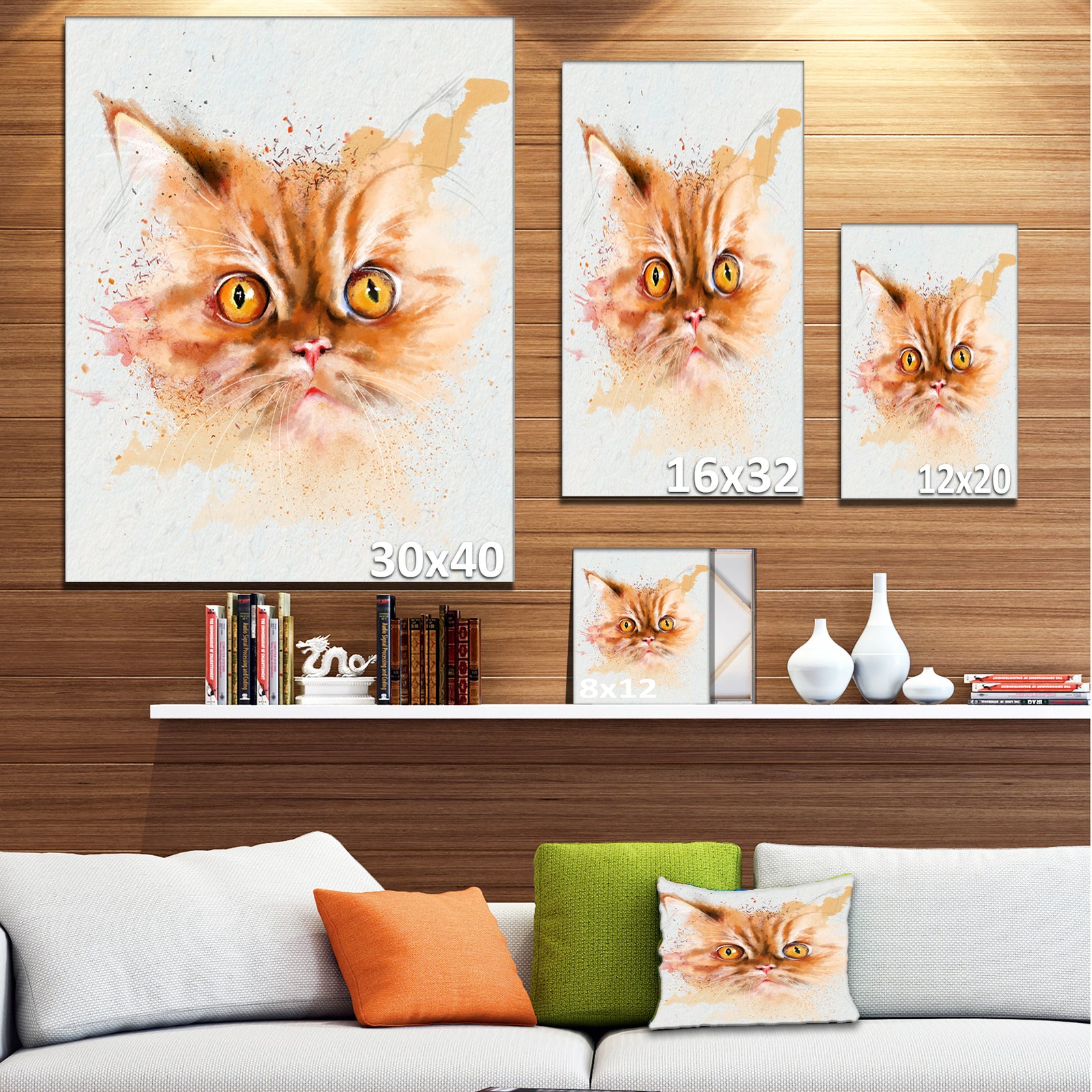 Serious Cat Face Watercolor Sketch - Large Animal Canvas Artwork