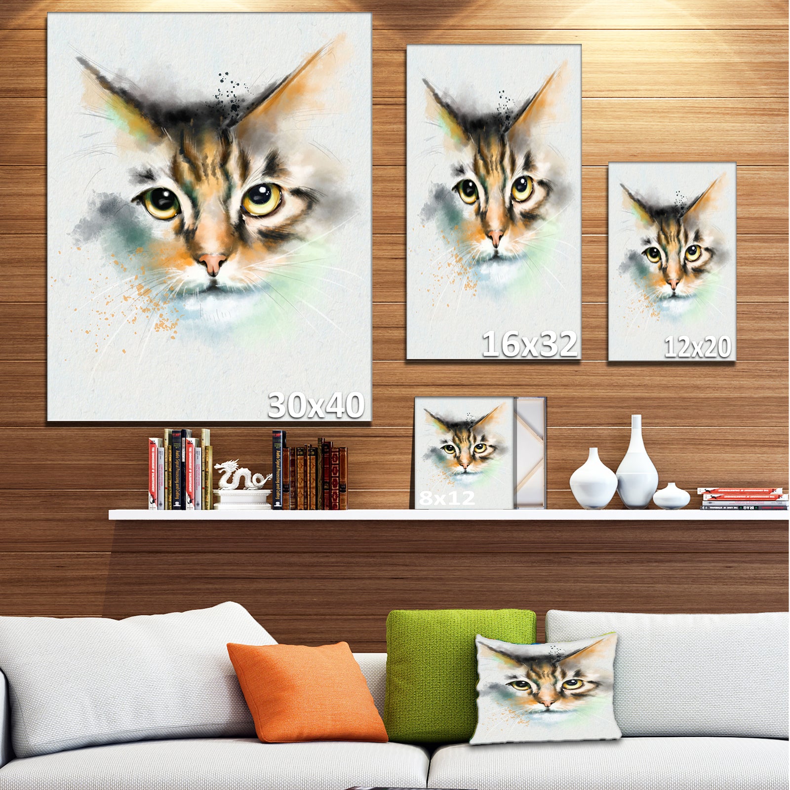 Strong Look of Cat Watercolor Sketch - Large Animal Canvas Artwork