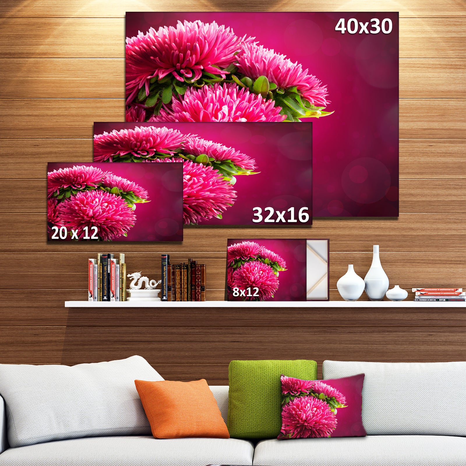 Pink Flowers of Asters on Red - Flowers Canvas Wall Artwork