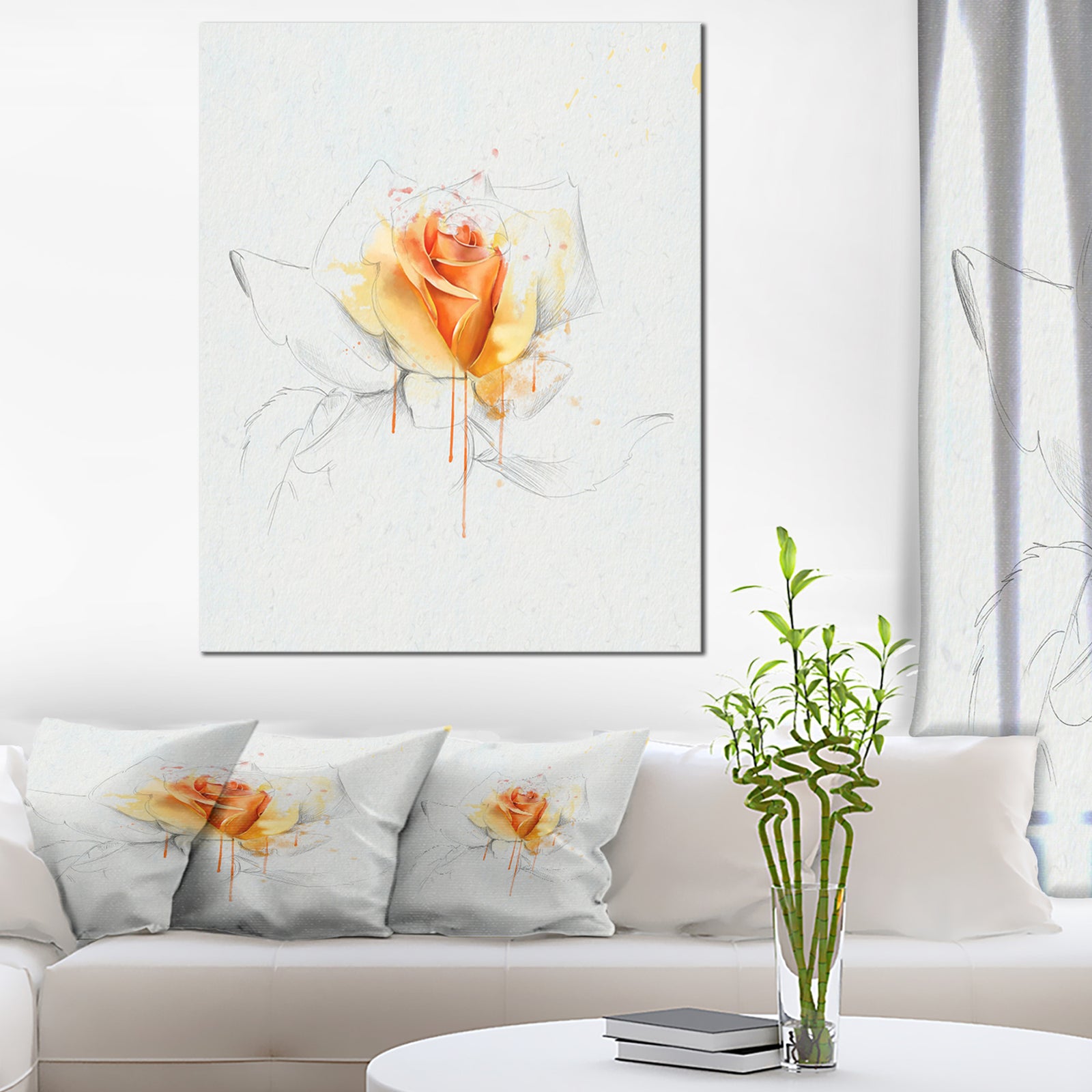 Yellow Rose Sketch on White Back - Flower Artwork on Canvas