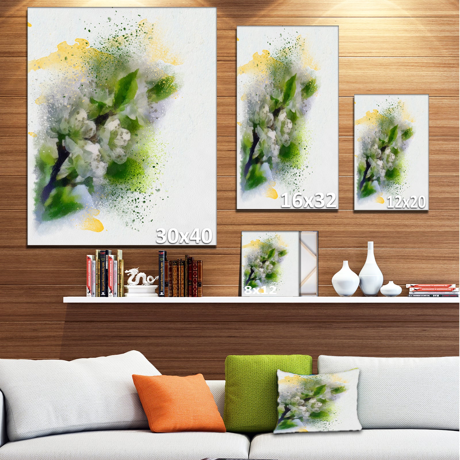 Cherry Branch with Leaves and Flowers - Flower Artwork on Canvas