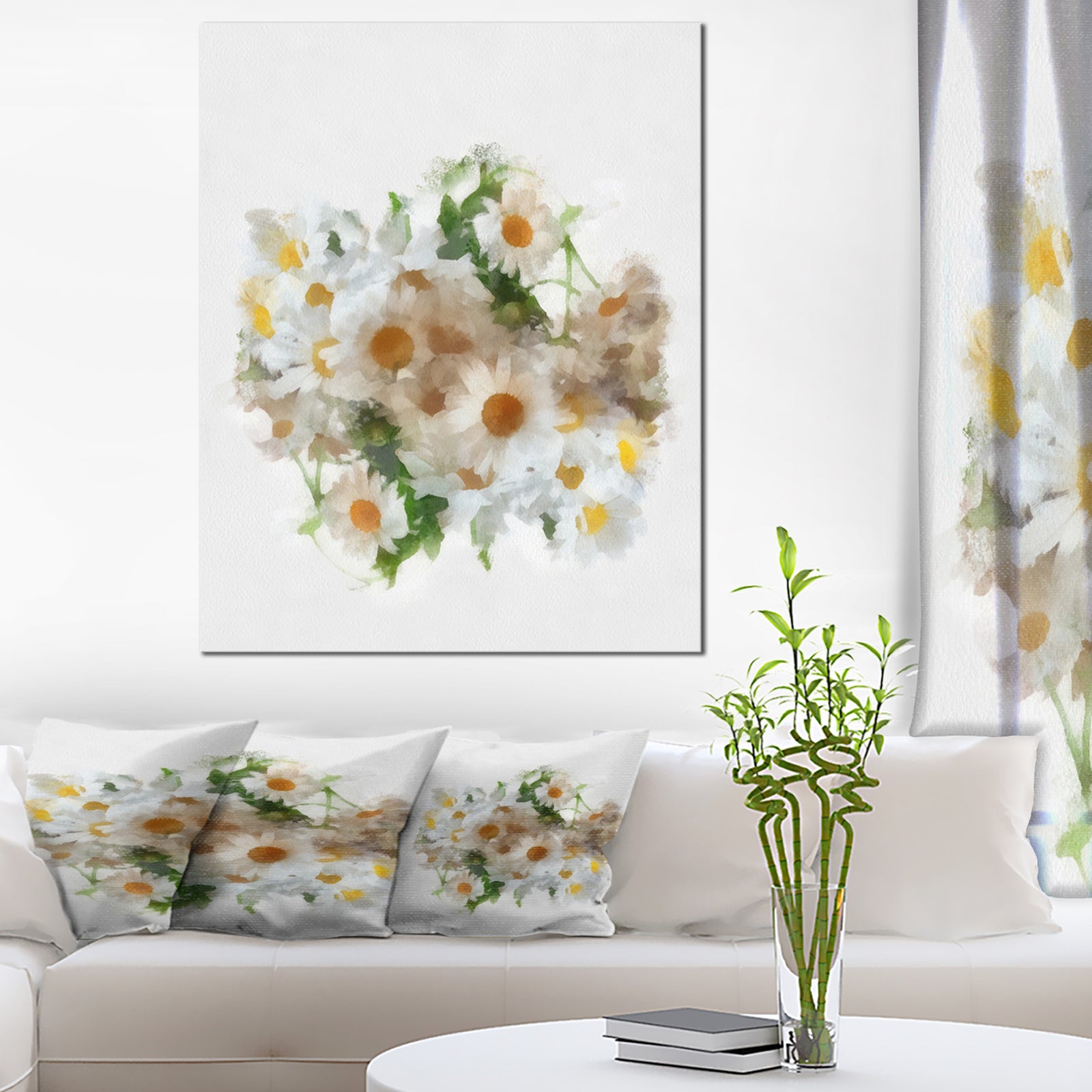 Bunch of White Chamomiles Watercolor - Flower Artwork on Canvas