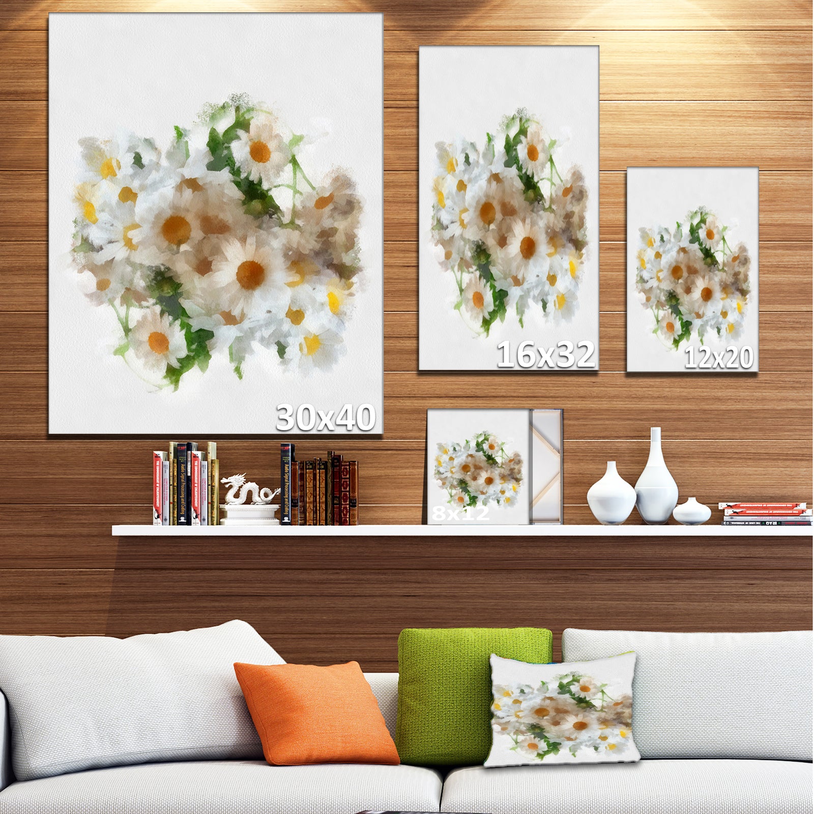 Bunch of White Chamomiles Watercolor - Flower Artwork on Canvas