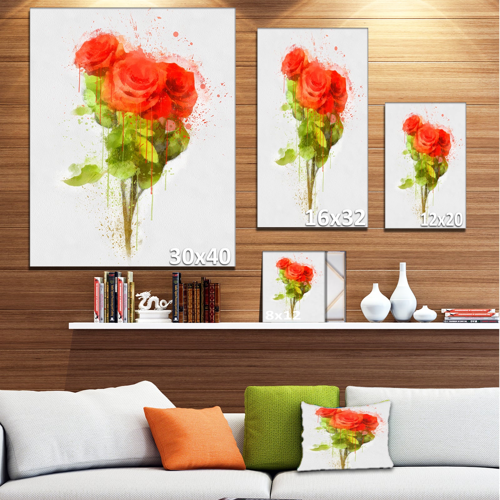Bunch of Red Roses Watercolor - Flower Artwork on Canvas